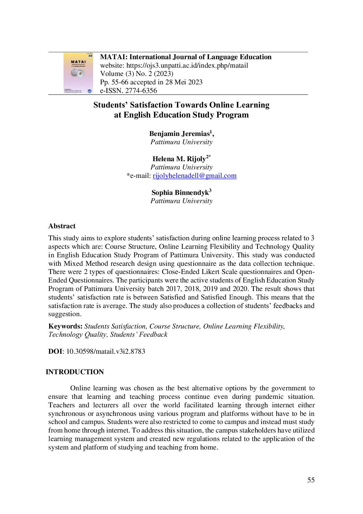 JURIS Students Satisfaction Towards Online Learning at English Education Study Program