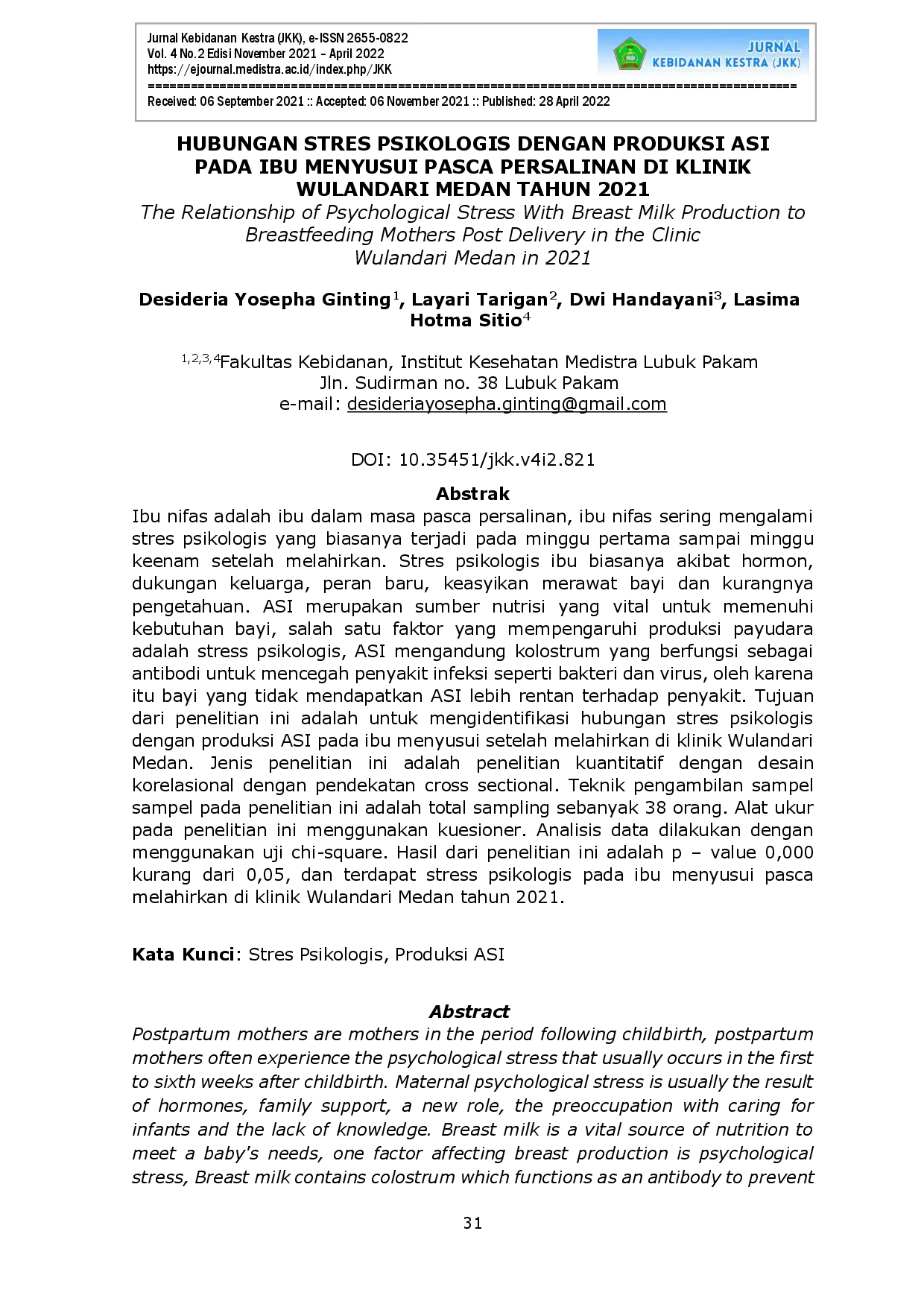 juris The Relationship of Psychological Stress With Breast Milk Production to Breastfeeding Mothers Post Delivery in the Clinic Wulandari Medan in 2021