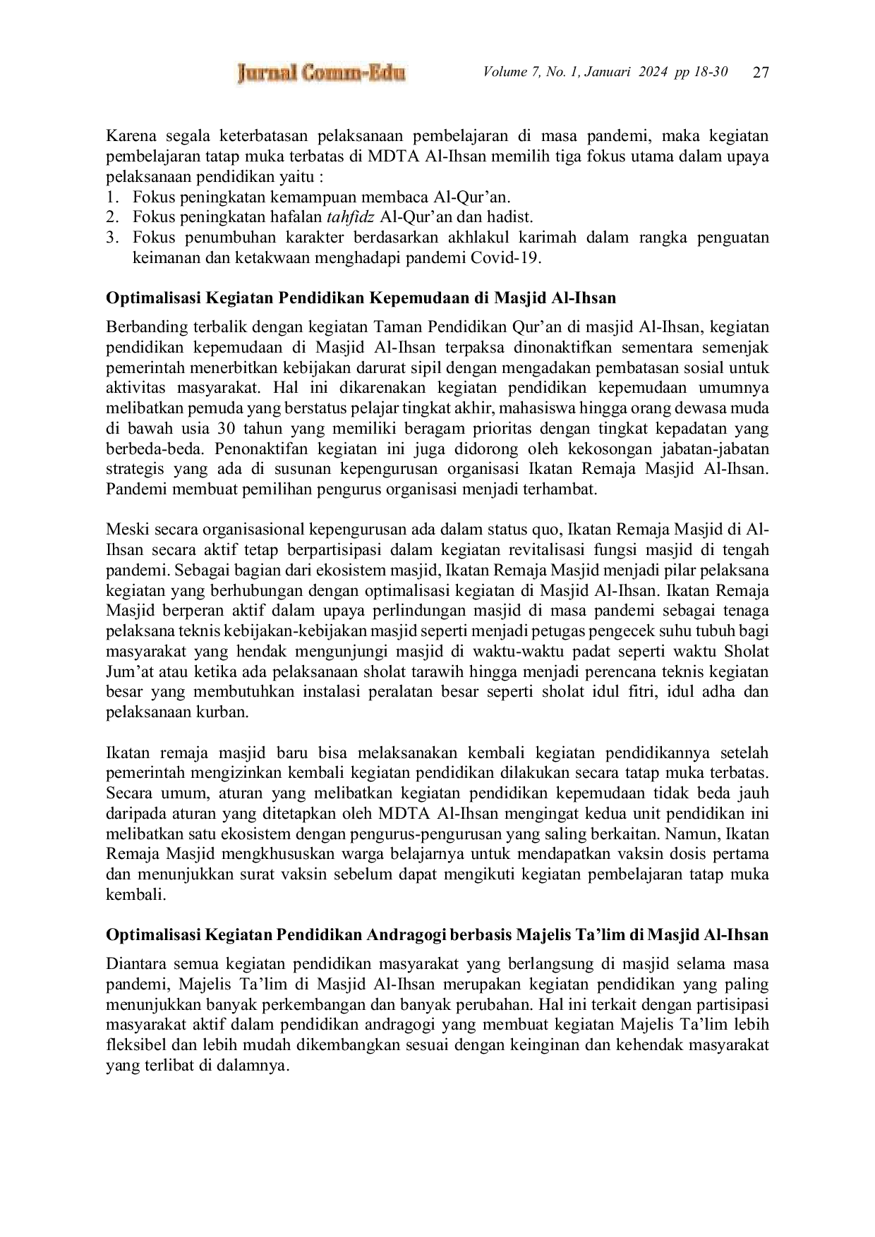 JURIS Optimalisasi Peran Masjid Sebagai Pusat Pendidikan Masyarakat Di Tengah Pandemi Di Masjid Al Ihsan Pos Kulon Desa Kertamulya Kecamatan Padalarang Kabupaten Bandung Barat
