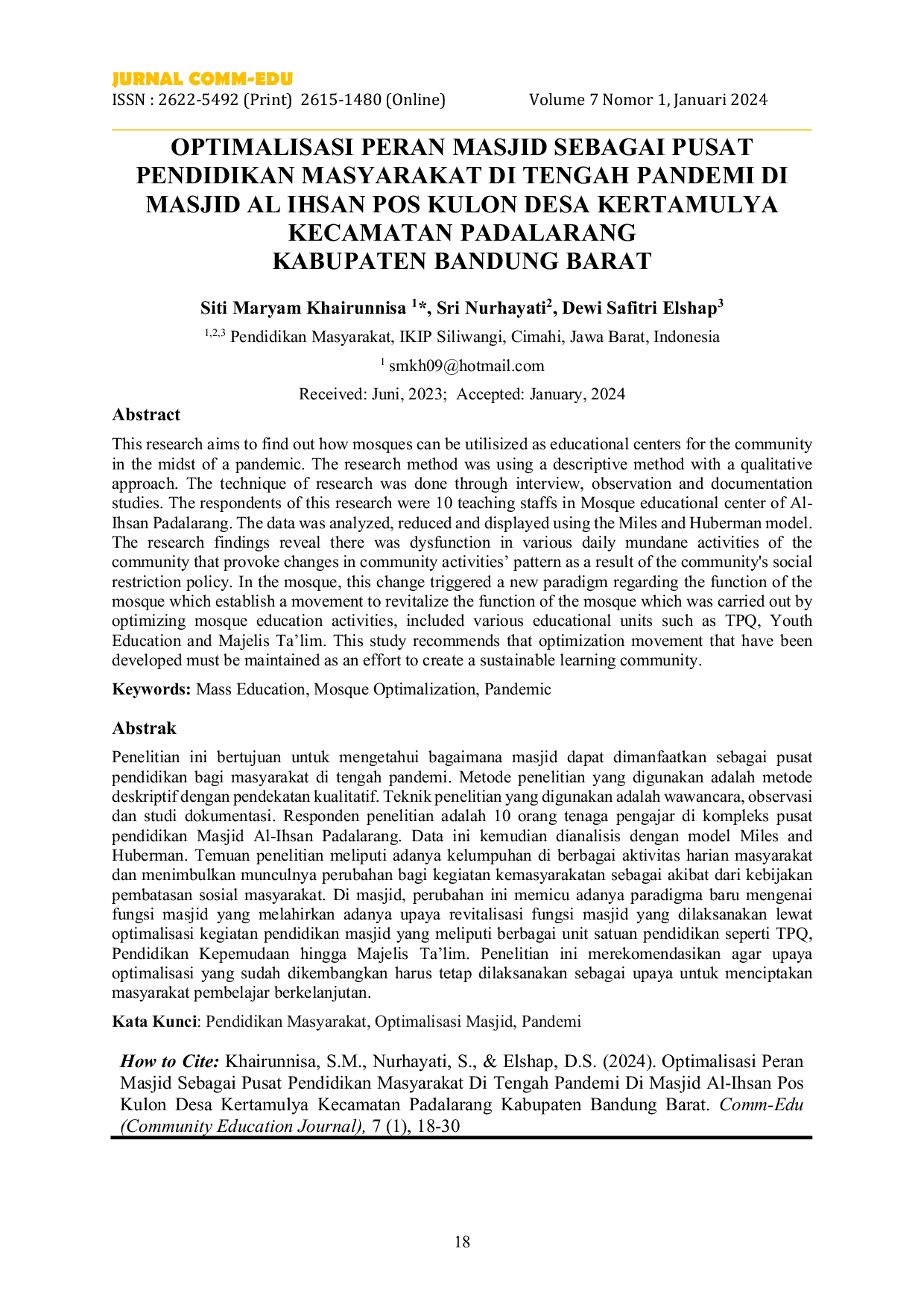 JURIS Optimalisasi Peran Masjid Sebagai Pusat Pendidikan Masyarakat Di Tengah Pandemi Di Masjid Al Ihsan Pos Kulon Desa Kertamulya Kecamatan Padalarang Kabupaten Bandung Barat