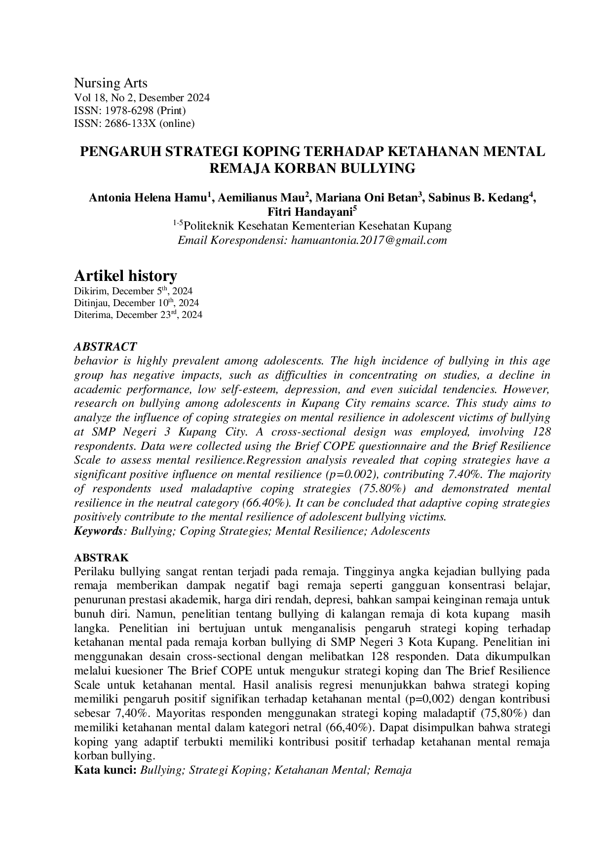 JURIS Pengaruh Strategi Koping Terhadap Ketahanan Mental Remaja Korban Bullying Strategi Koping dan Ketahanan Mental Remaja Korban Bullying