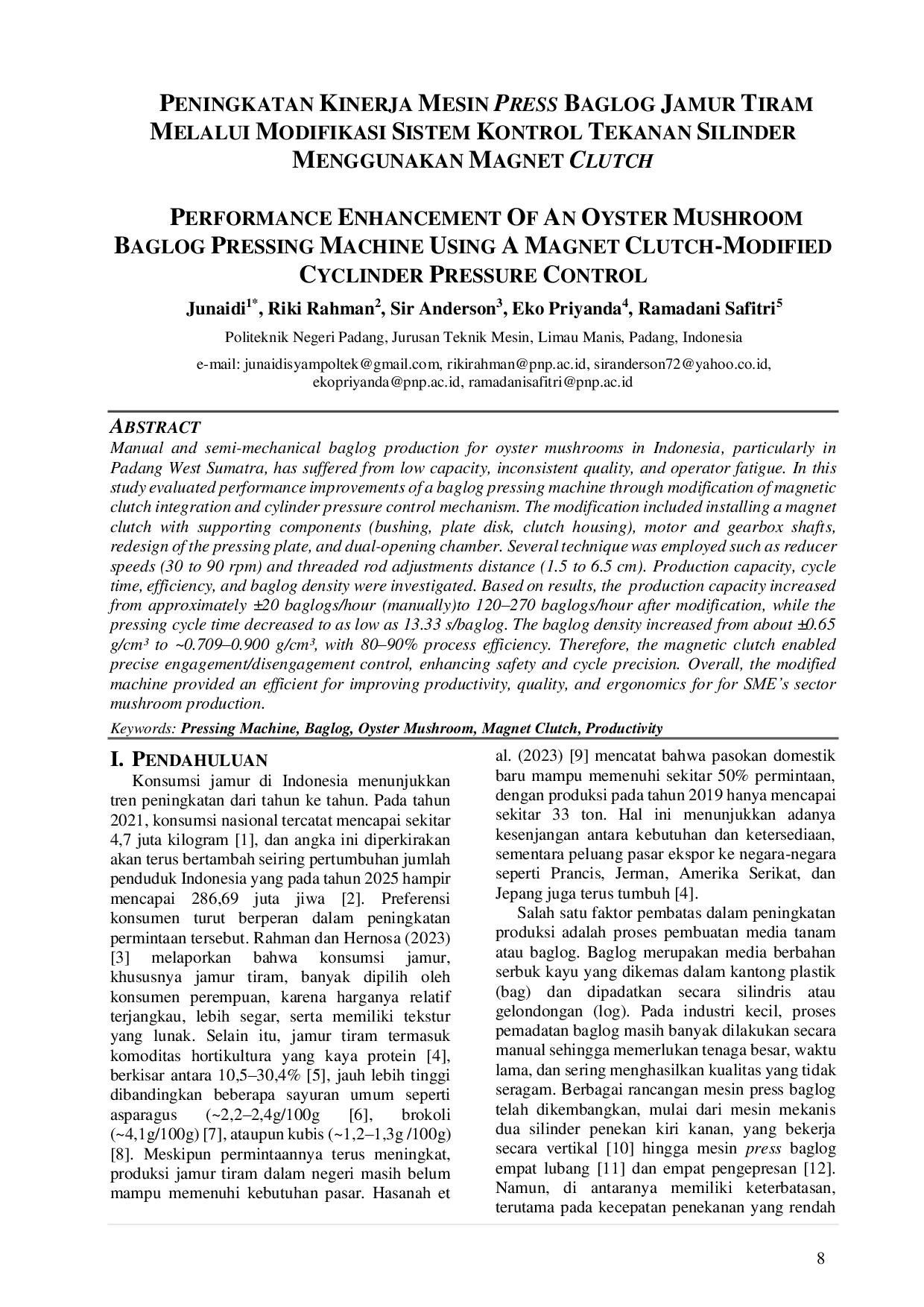 JURIS PENINGKATAN KINERJA MESIN PRESS BAGLOG JAMUR TIRAM MELALUI MODIFIKASI SISTEM KONTROL TEKANAN SILINDER MENGGUNAKAN MAGNET CLUTCH