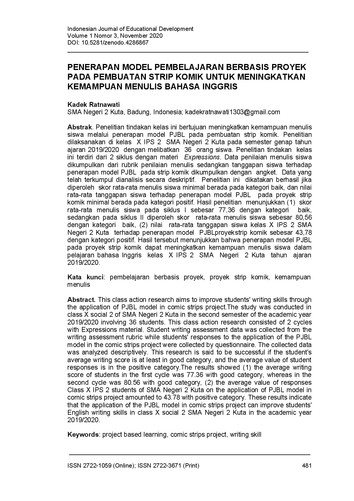 juris Penerapan model pembelajaran berbasis proyek pada pembuatan strip komik untuk meningkatkan kemampuan menulis bahasa inggris