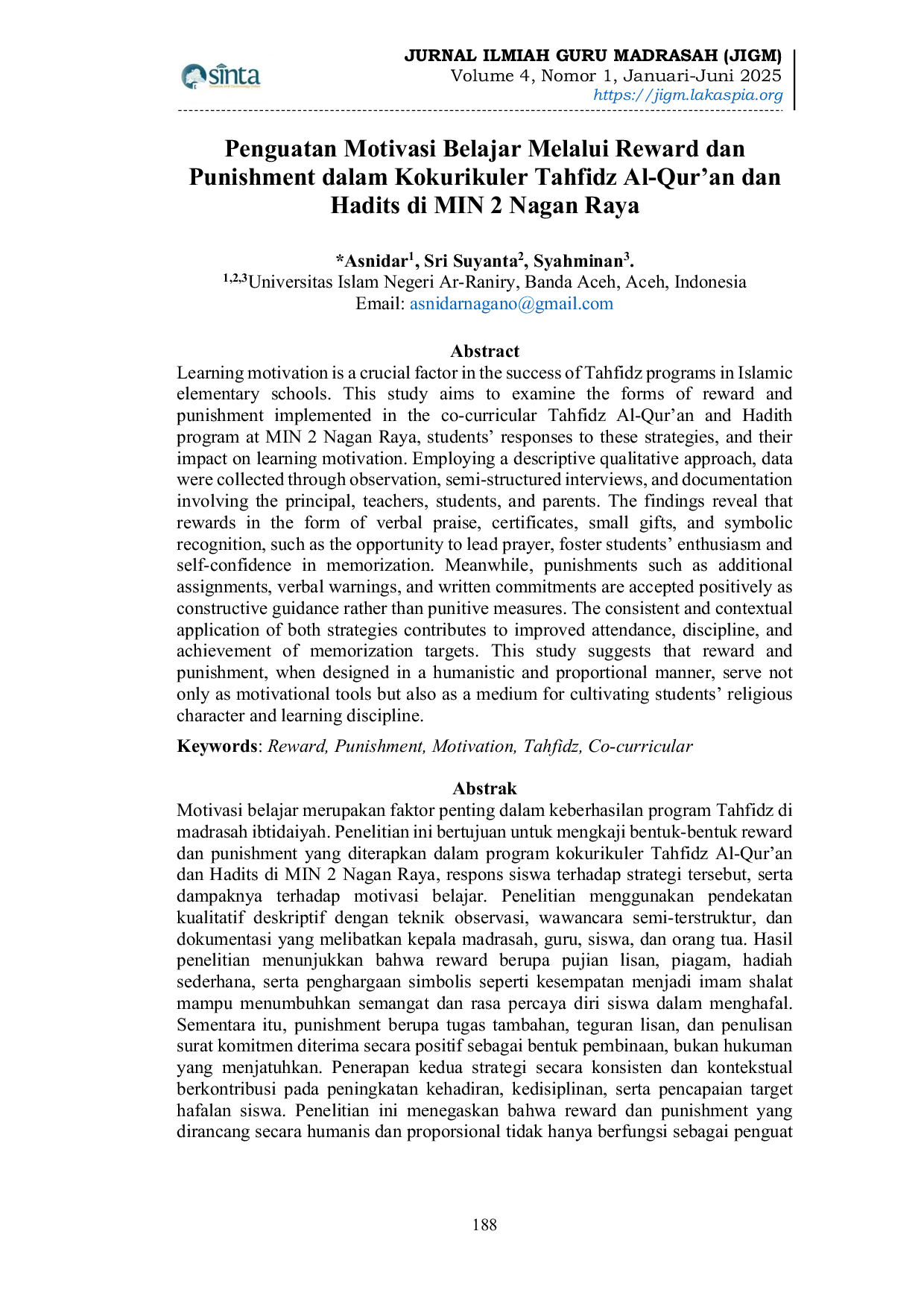 JURIS Penguatan Motivasi Belajar Melalui Reward dan Punishment dalam Kokurikuler Tahfidz Al Qur an dan Hadits di MIN 2 Nagan Raya