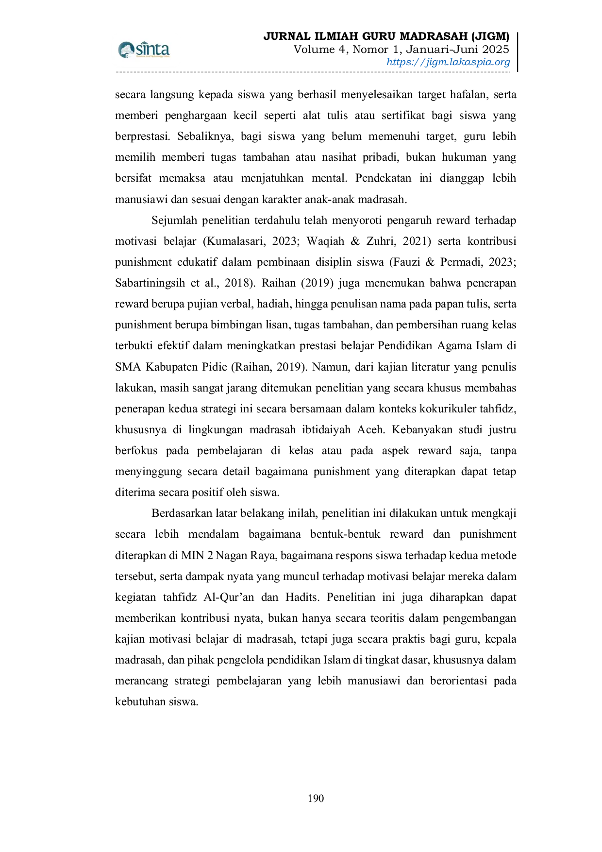JURIS Penguatan Motivasi Belajar Melalui Reward dan Punishment dalam Kokurikuler Tahfidz Al Qur an dan Hadits di MIN 2 Nagan Raya