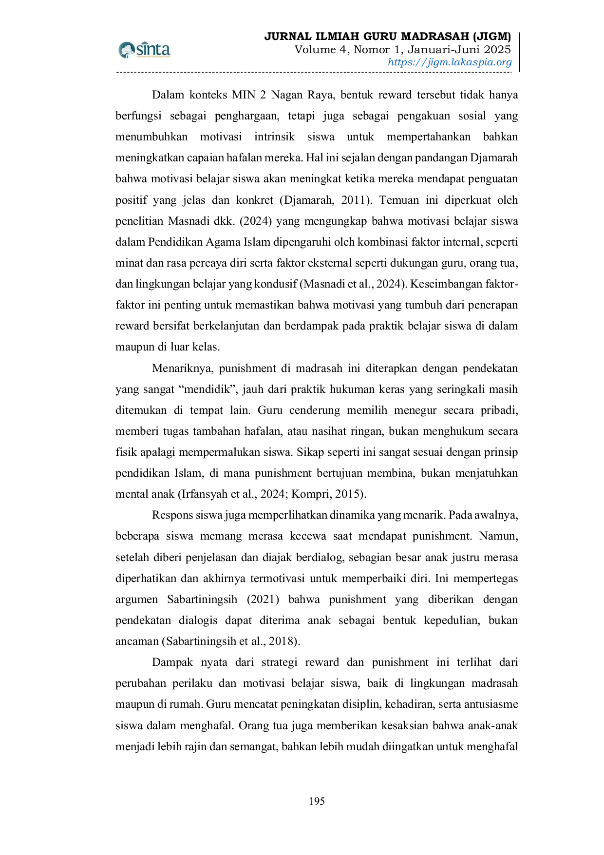 JURIS Penguatan Motivasi Belajar Melalui Reward dan Punishment dalam Kokurikuler Tahfidz Al Qur an dan Hadits di MIN 2 Nagan Raya