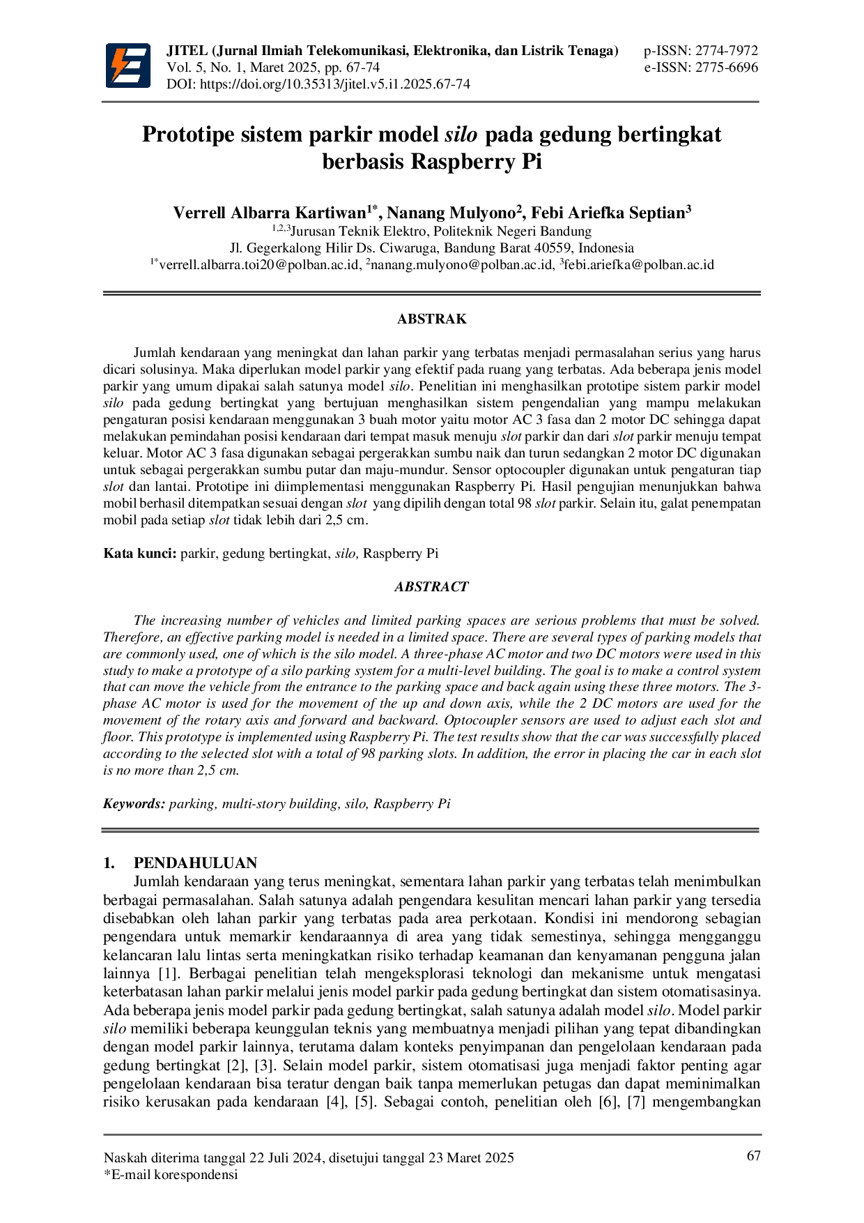JURIS Prototipe sistem parkir model silo pada gedung bertingkat berbasis Raspberry Pi