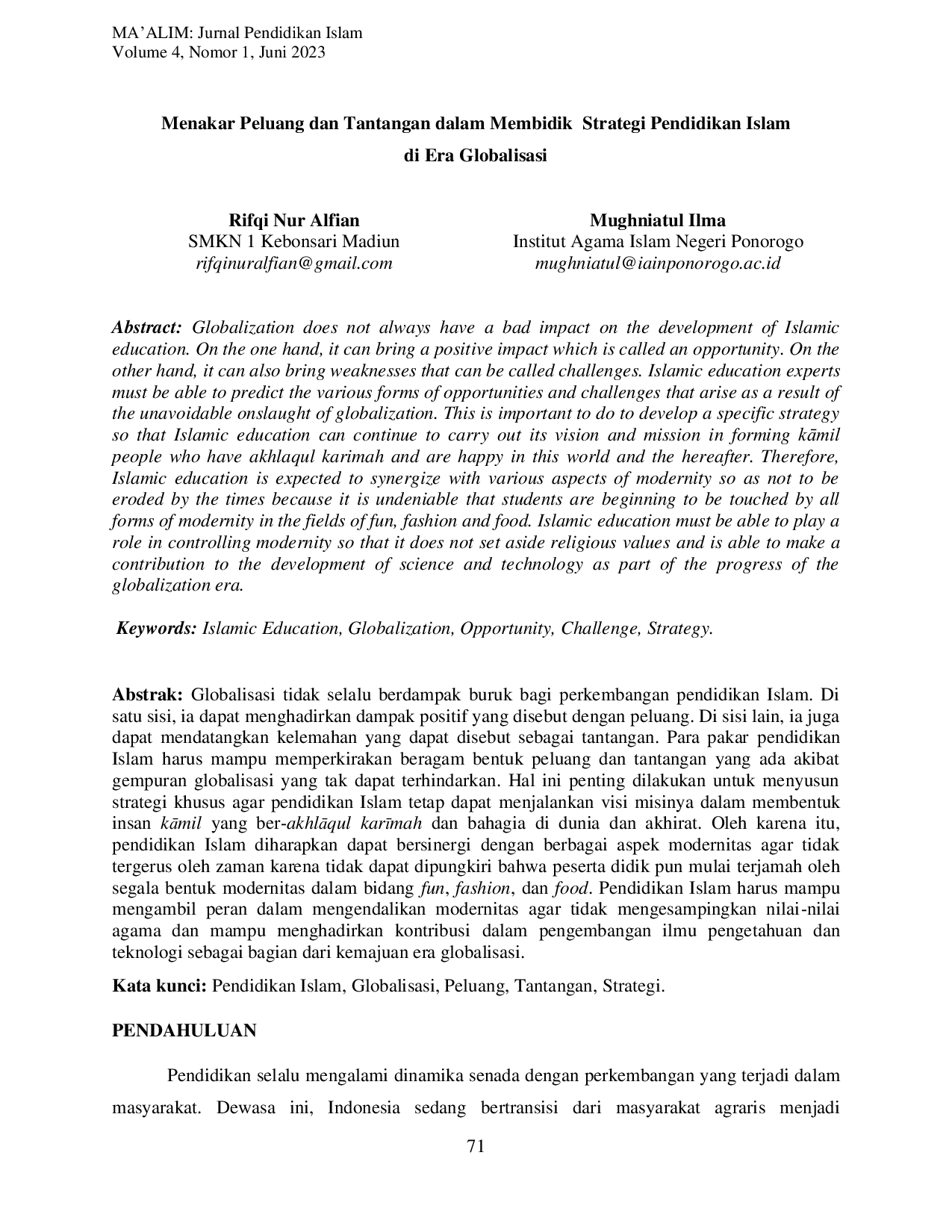 JURIS Menakar Peluang dan Tantangan dalam Membidik Strategi Pendidikan Islam di Era Globalisasi