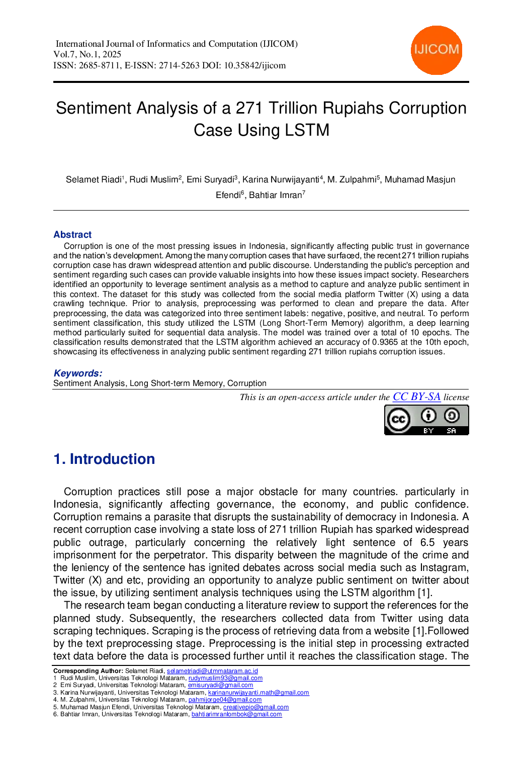 JURIS Sentiment Analysis of a 271 Trillion Rupiahs Corruption Case Using LSTM