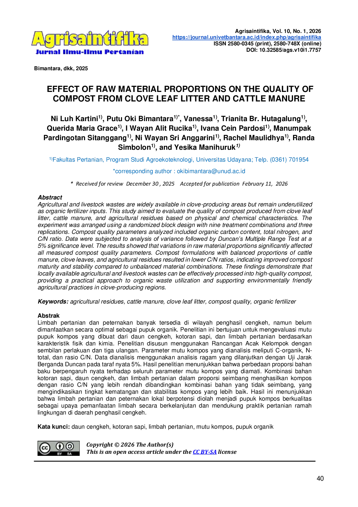 JURIS Effect of Raw Material Proportions on the Quality of Compost from Clove Leaf Litter and Cattle Manure