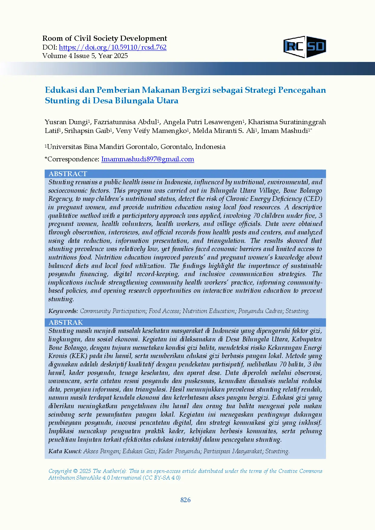 juris Edukasi dan Pemberian Makanan Bergizi Sebagai Strategi Pencegahan Stunting di Desa Bilungala Utara