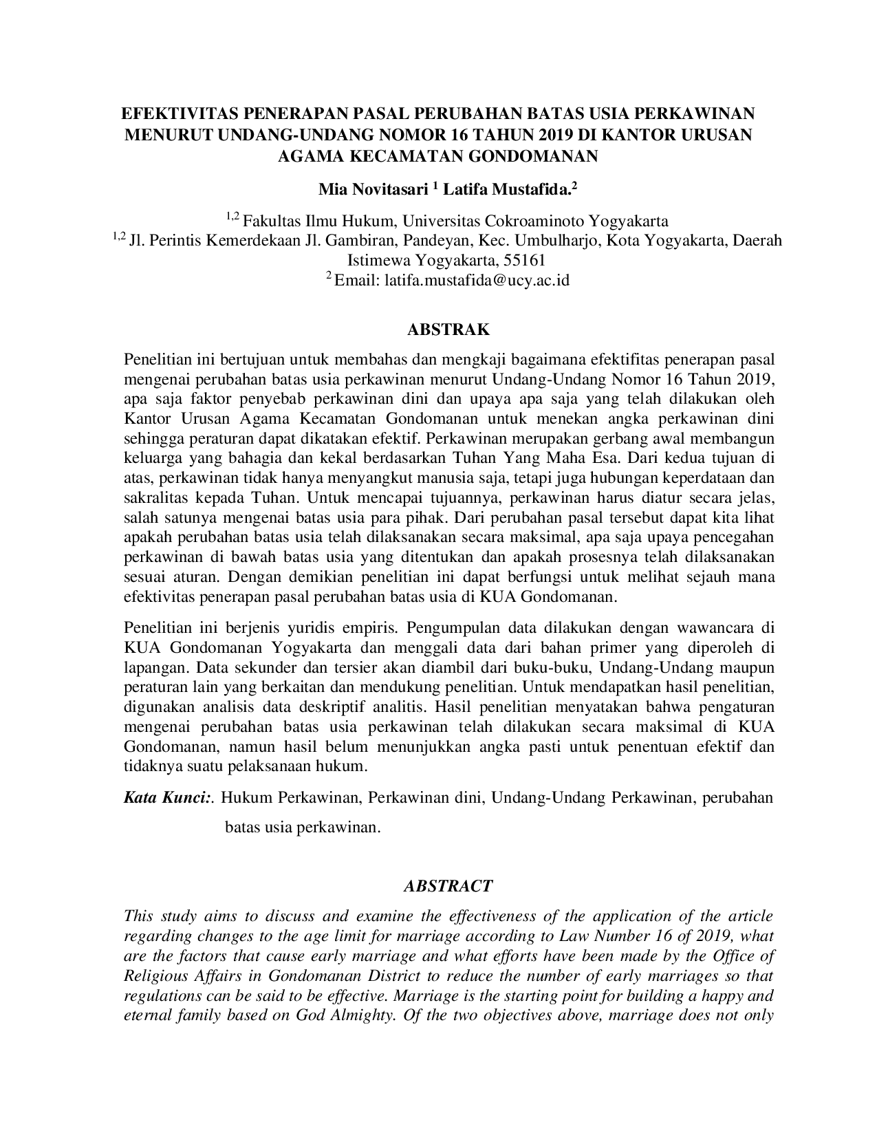 JURIS Efektivitas Penerapan Pasal Perubahan Batas Usia Perkawinan Menurut Undang Undang Nomor 16 Tahun 2019 Di Kantor Urusan Agama Kecamatan Gondomanan