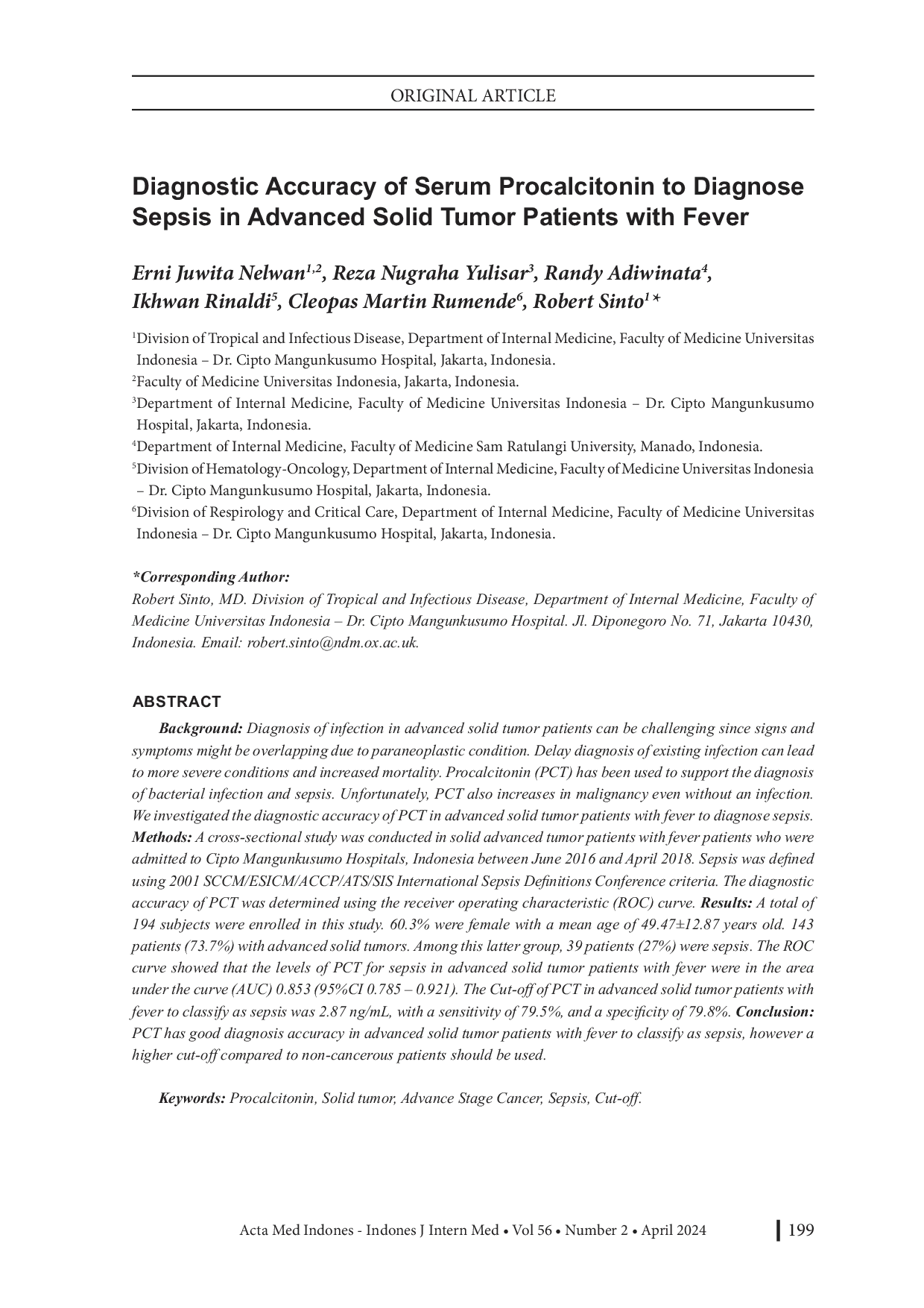 JURIS Diagnostic Accuracy of Serum Procalcitonin to Diagnose Sepsis in Advanced Solid Tumor Patients with Fever