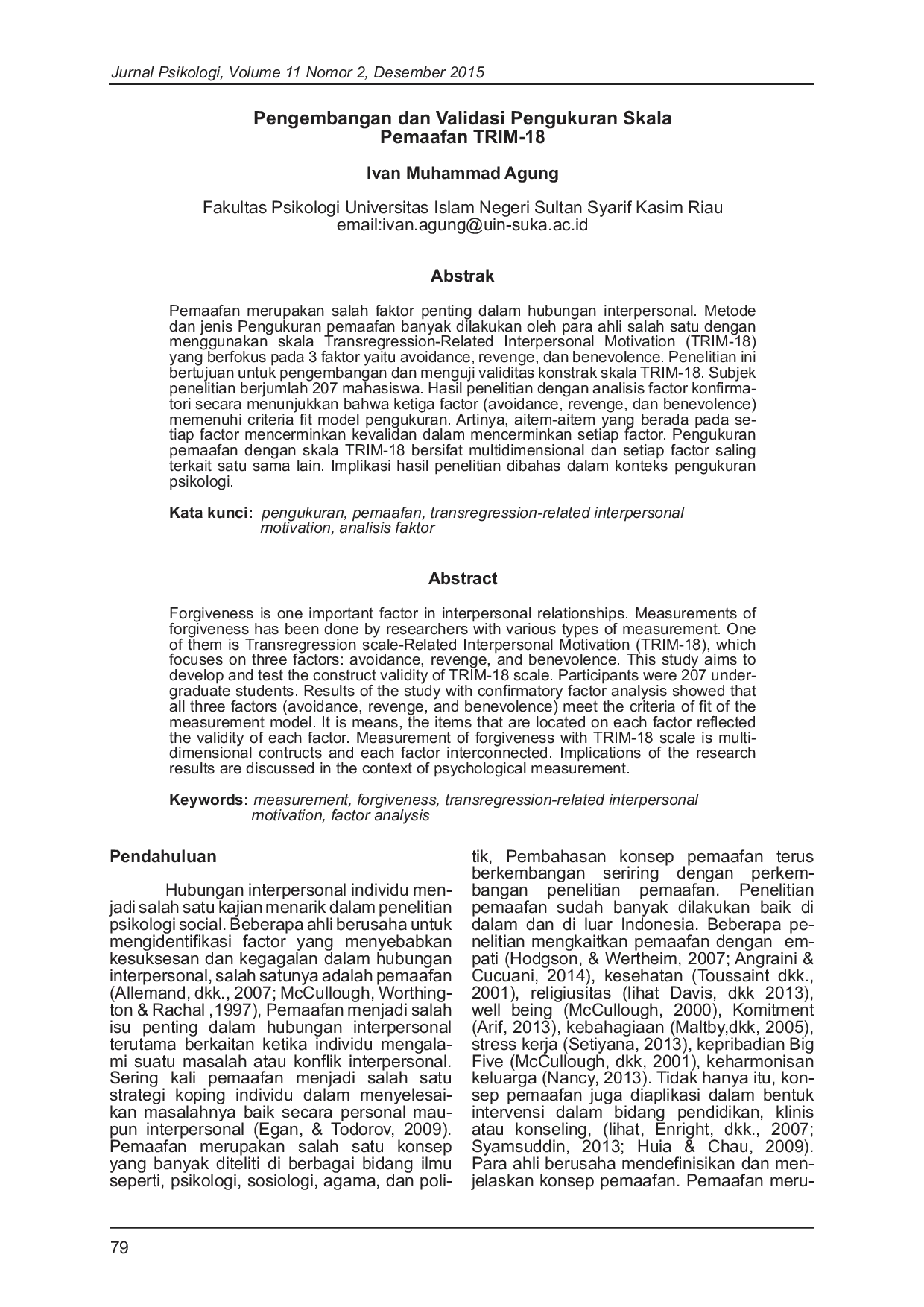 JURIS Pengembangan dan Validasi Pengukuran Skala Pemaafan TRIM 18