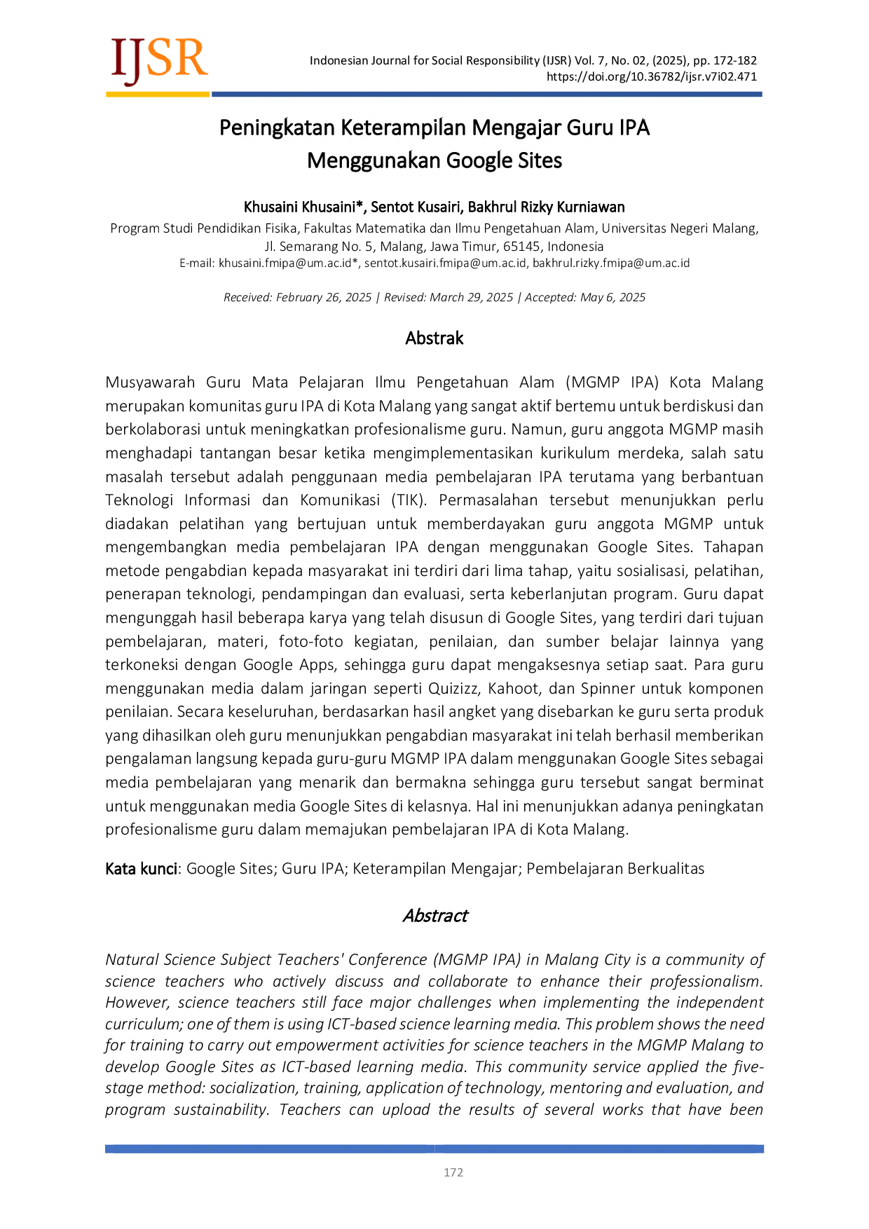 JURIS Peningkatan Keterampilan Mengajar Guru IPA Menggunakan Google Sites