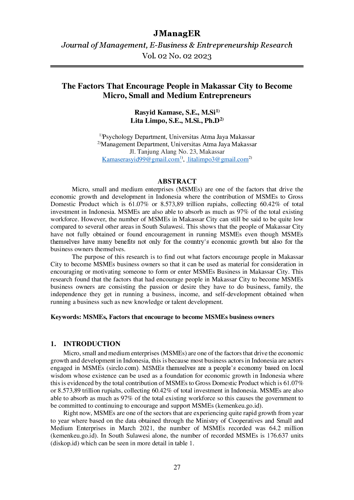 juris The Factors That Encourage People in Makassar City to Become Micro Small and Medium Entrepreneurs