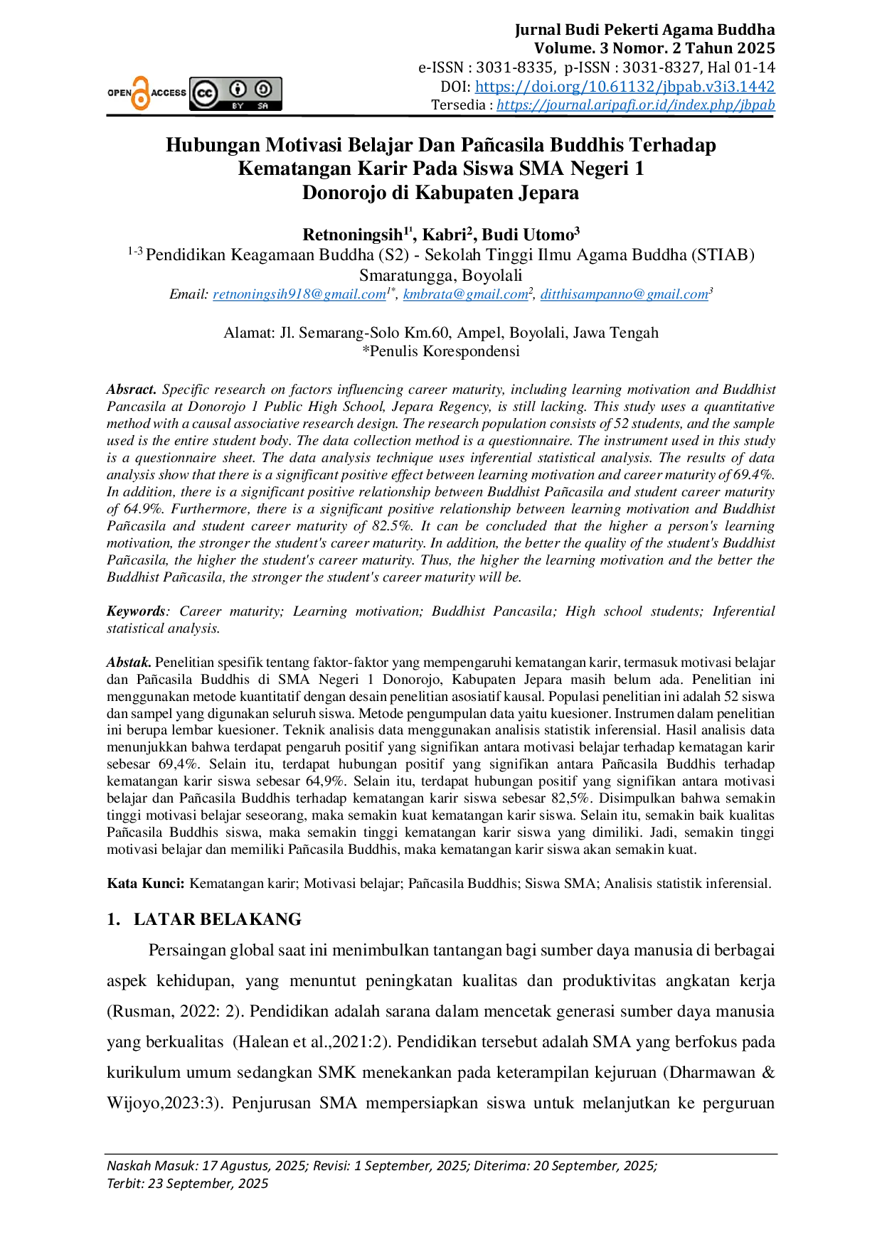 JURIS Hubungan Motivasi Belajar Dan Pa casila Buddhis Terhadap Kematangan Karir Pada Siswa SMA Negeri 1 Donorojo di Kabupaten Jepara