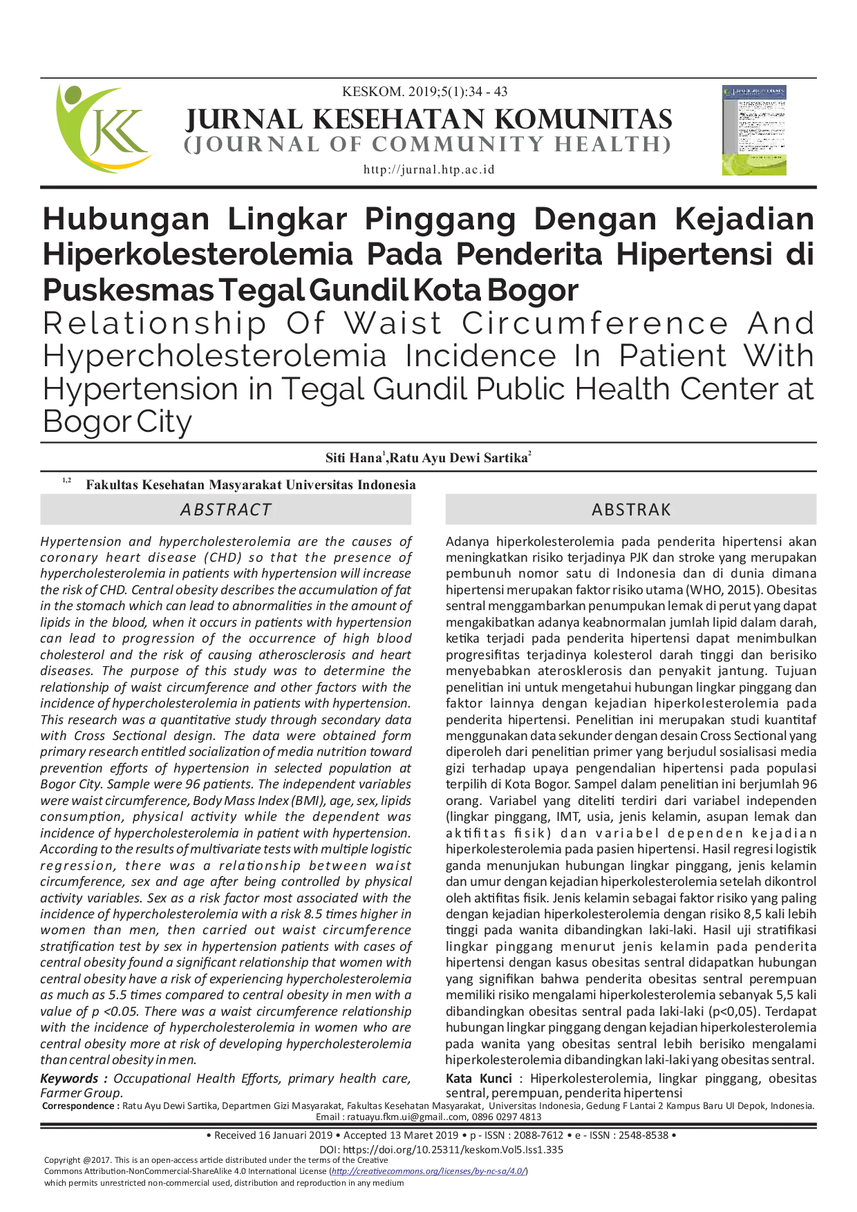 juris Hubungan Lingkar Pinggang Dengan Kejadian Hiperkolesterolemia Pada Penderita Hipertensi di Puskesmas Tegal Gundil Kota Bogor
