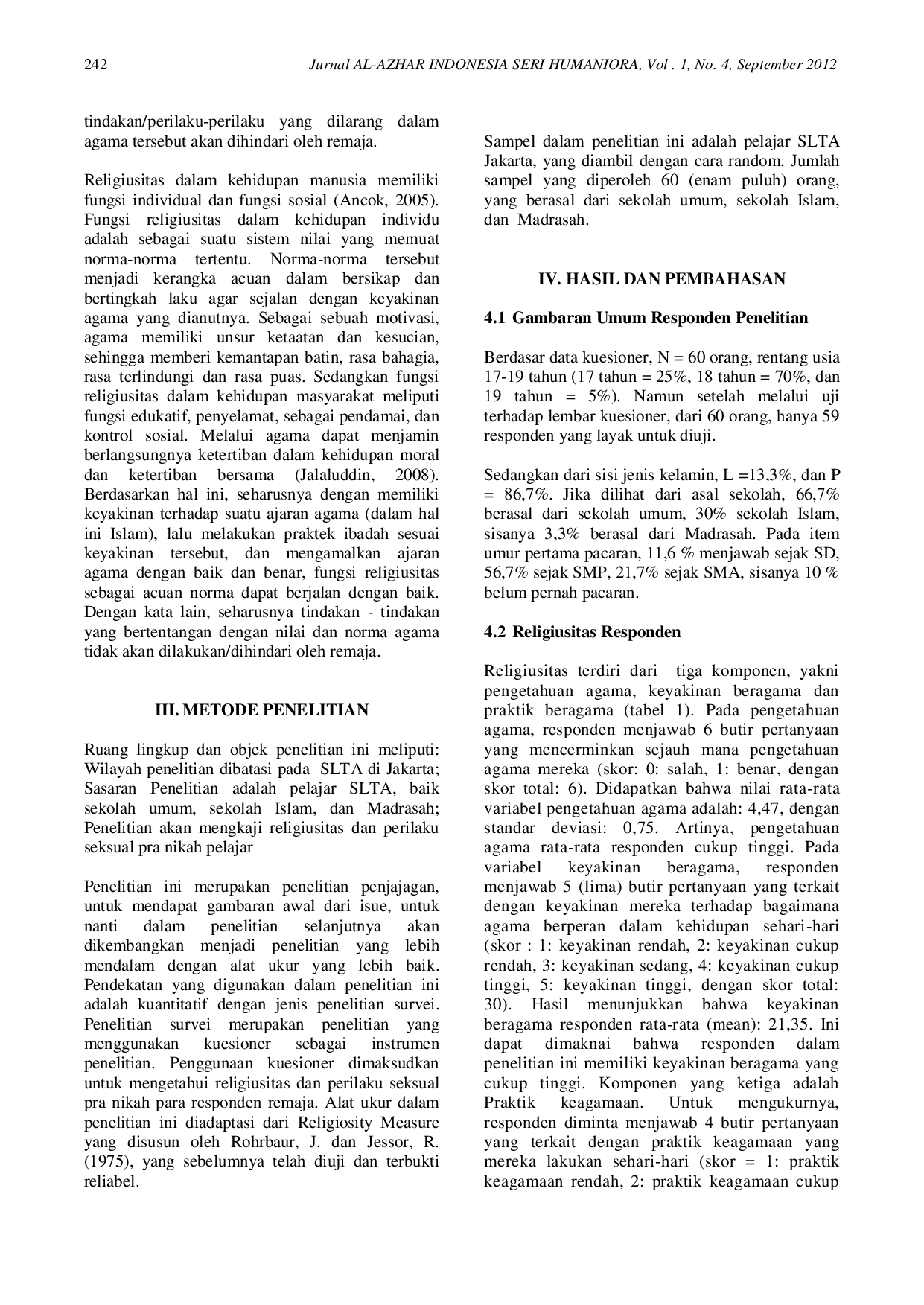 JURIS Ketimpangan Relijiusitas dengan Perilaku Hubungan Religiusitas dengan Perilaku Seksual Pra Nikah Remaja SMA Sederajat di Jakarta Selatan