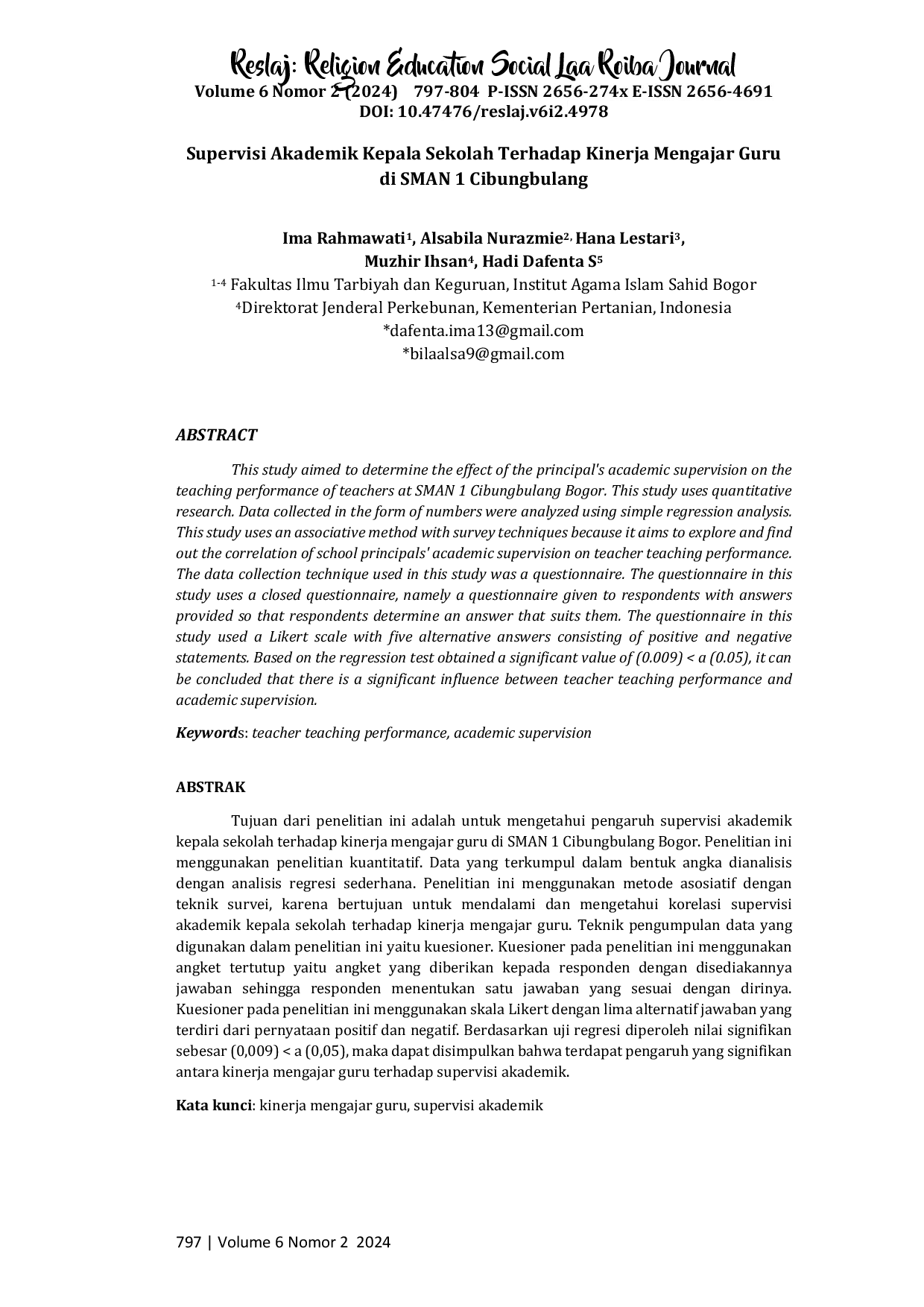 juris Supervisi Akademik Kepala Sekolah Terhadap Kinerja Mengajar Guru di SMAN 1 Cibungbulang