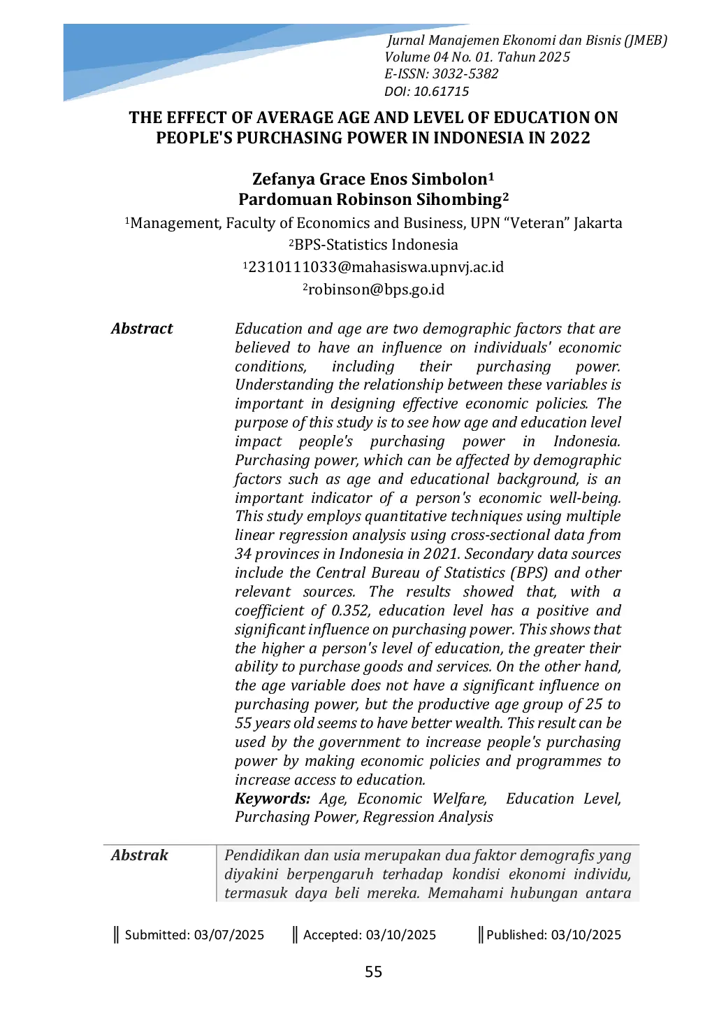 JURIS The Effect of Average Age and Level of Education on People s Purchasing Power in Indonesia in 2022