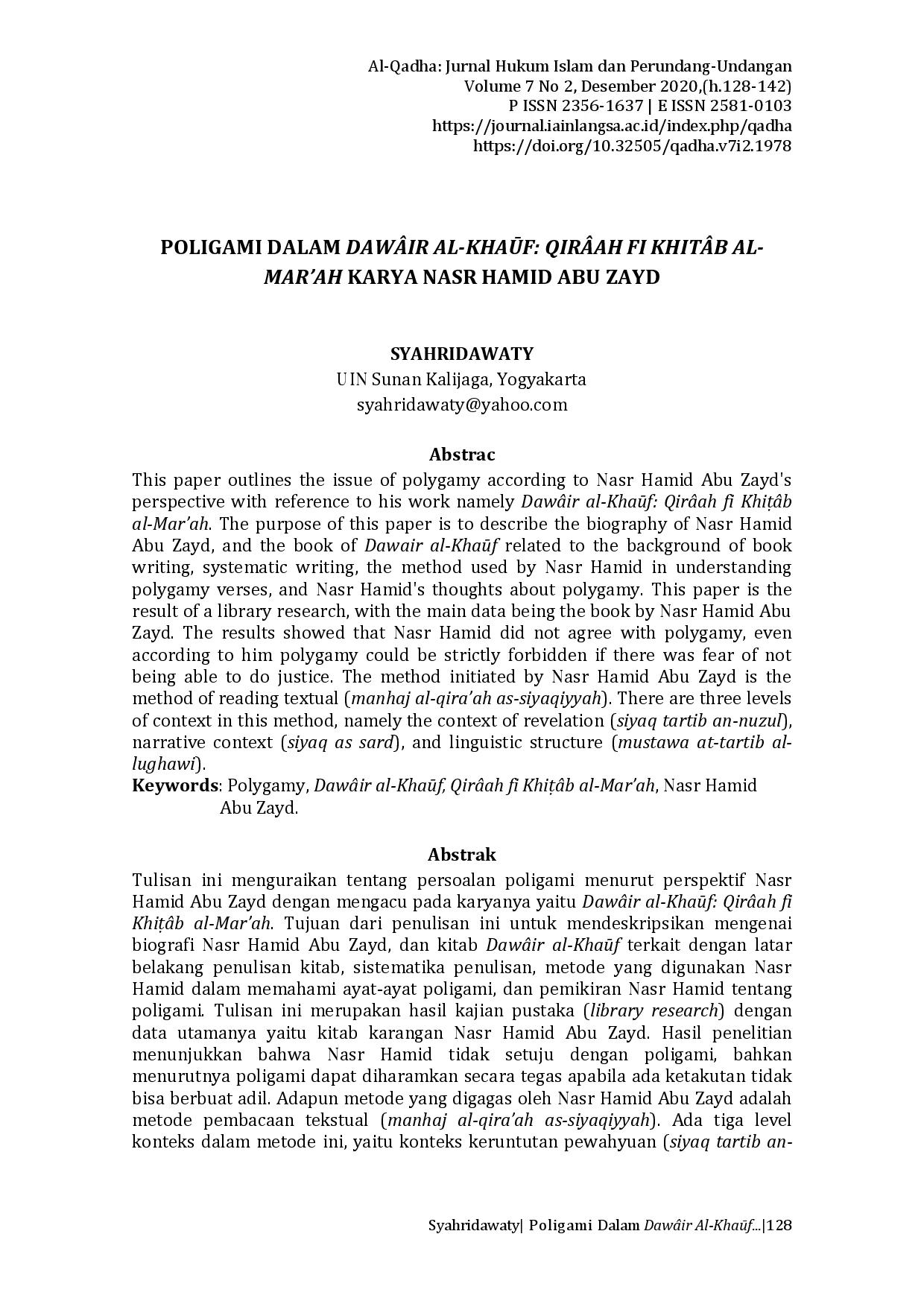 juris Poligami Dalam Daw ir Al Kha f Qir ah Fi Khit b Al Mar ah Karya Nasr Hamid Abu Zayd