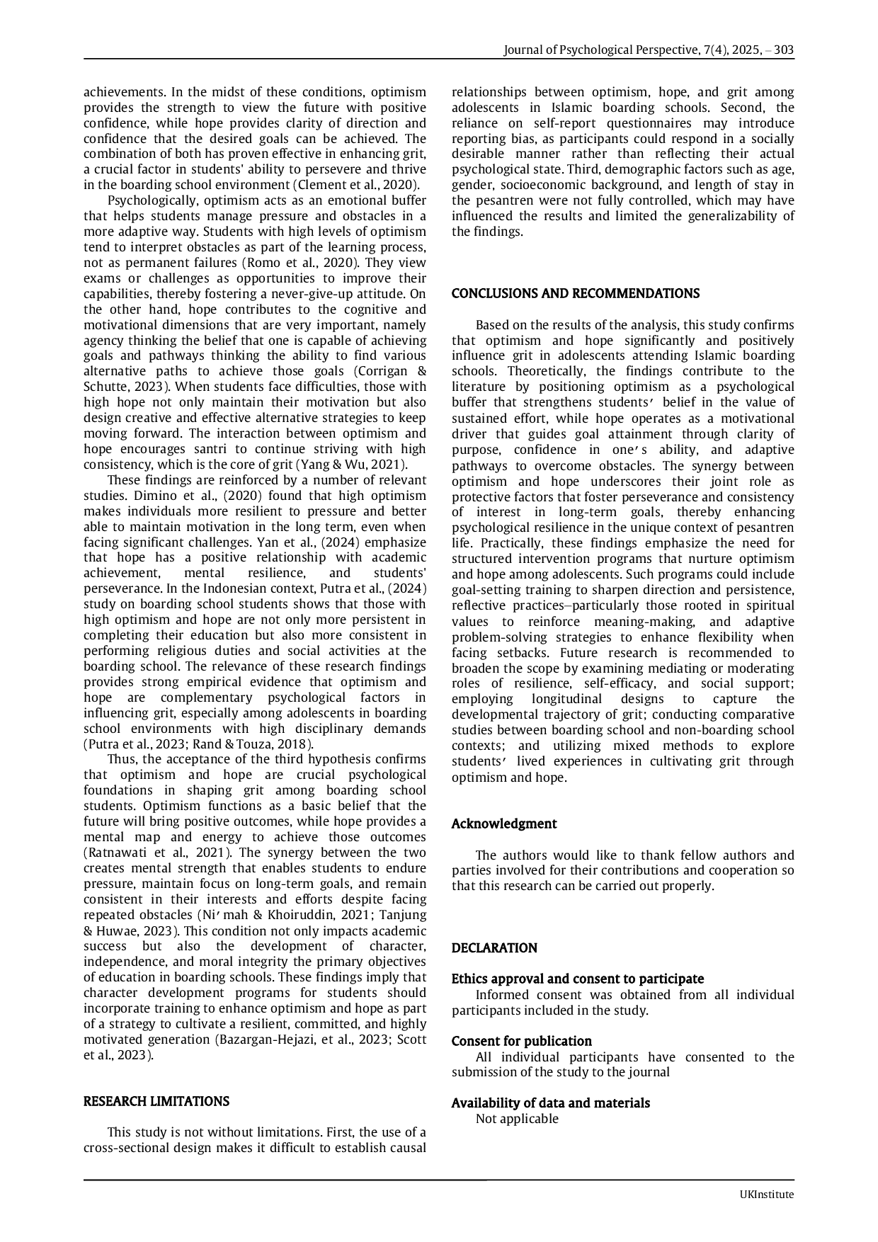 JURIS Optimism and Hope The Psychological Foundation for Building Grit in Islamic Boarding School Students