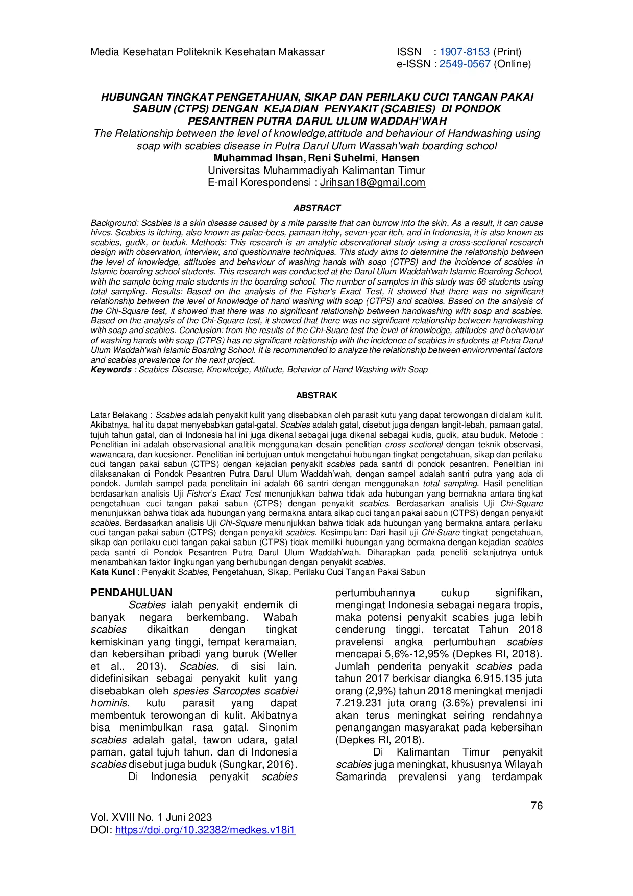 JURIS Hubungan Tingkat Pengetahuan Sikap Dan Perilaku Cuci Tangan Pakai Sabun Ctps Dengan Kejadian Penyakit Scabies Di Pondok Pesantren Putra Darul Ulum Waddah Wah