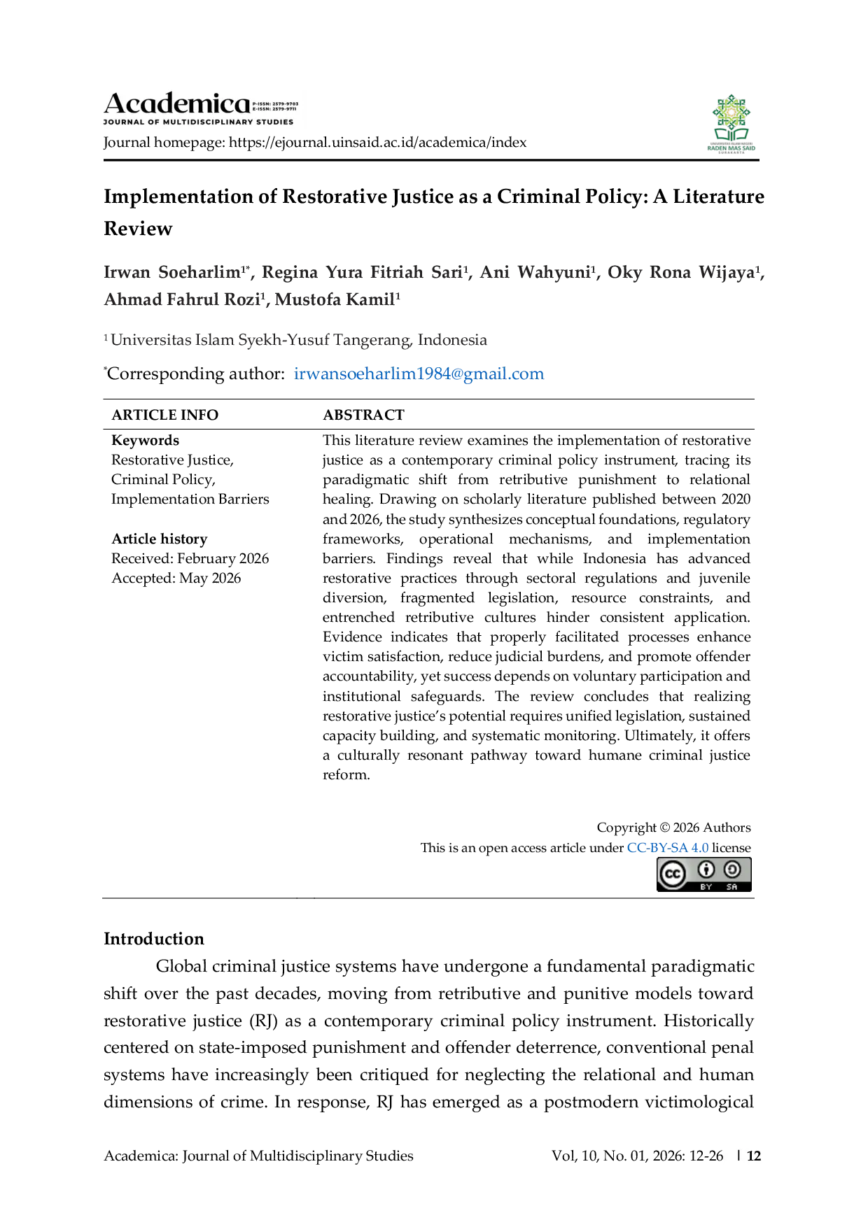 JURIS Implementation of Restorative Justice as a Criminal Policy A Literature Review