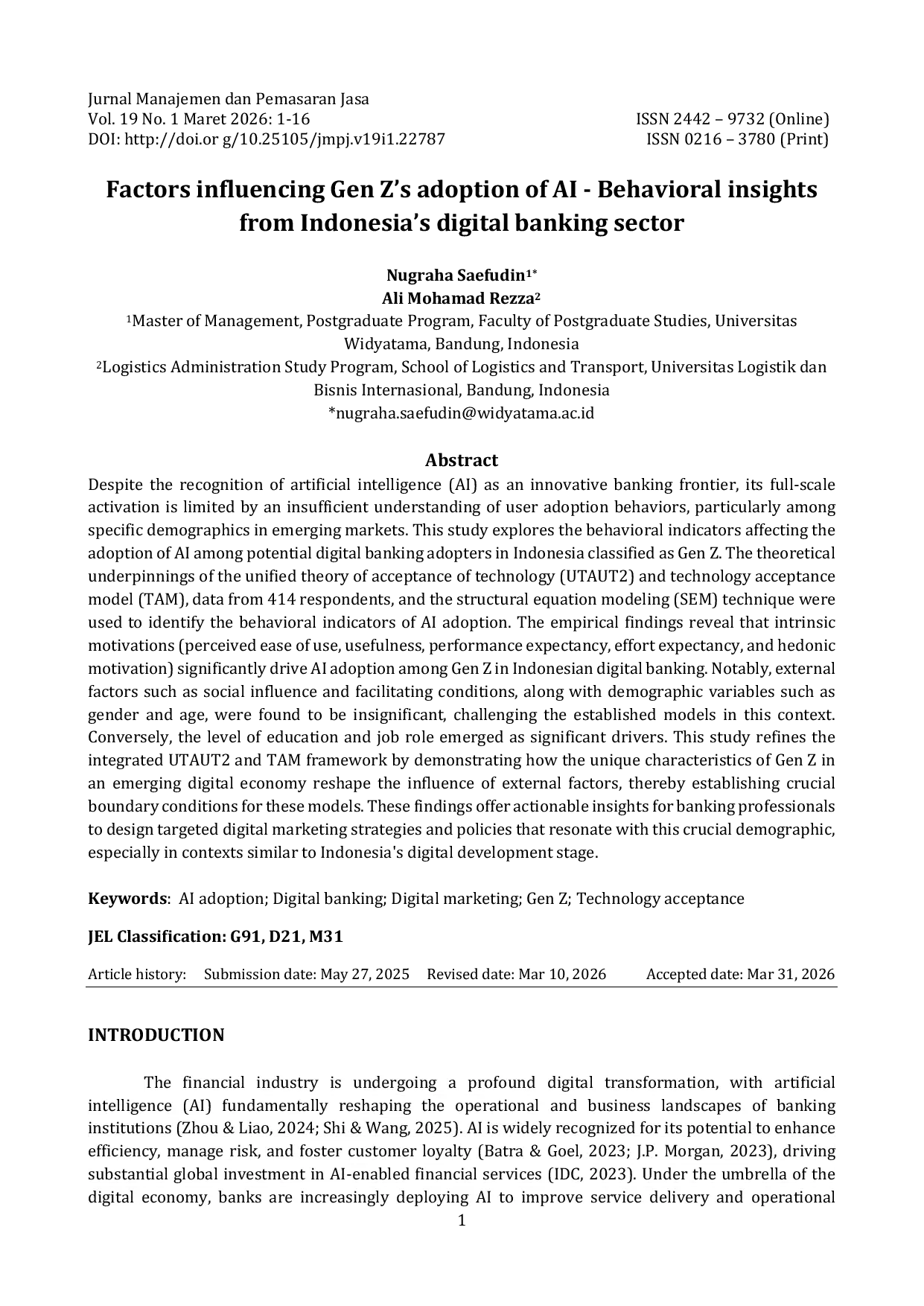 JURIS Factors influencing Gen Z s adoption of AI Behavioral insights from Indonesia s digital banking sector