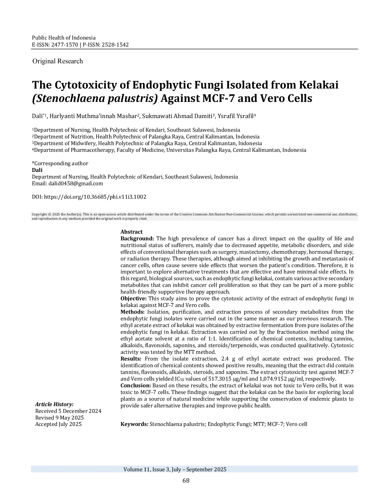 JURIS The Cytotoxicity of Endophytic Fungi Isolated from Kelakai Stenochlaena palustris Against MCF 7 and Vero Cells