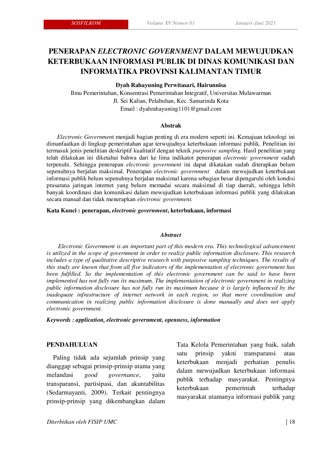 JURIS Penerapan Electronic Government dalam Mewujudkan Keterbukaan Informasi Publik di Dinas Komunikasi dan Informatika Provinsi Kalimantan Timur