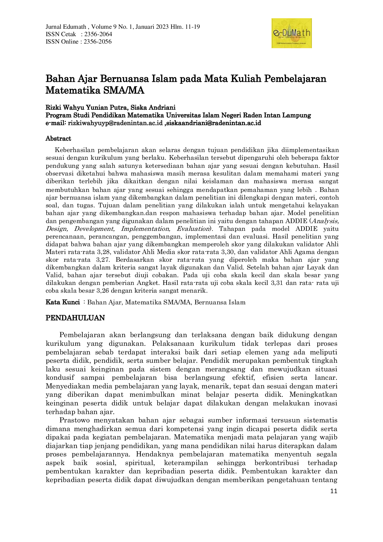 JURIS Bahan Ajar Bernuansa Islam pada Mata Kuliah Pembelajaran Matematika SMA MA