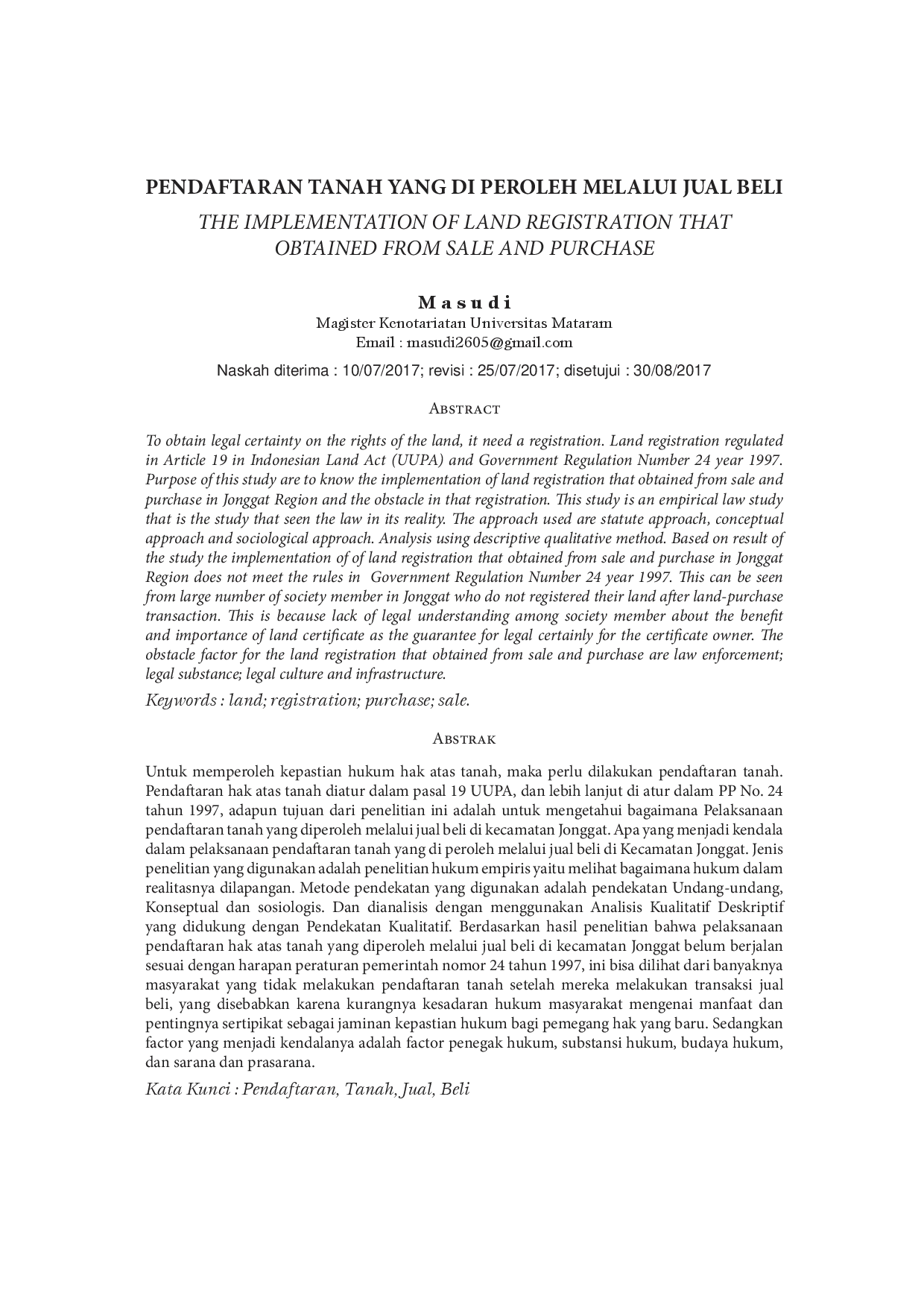 juris PELAKSANAAN PENDAFTARAN TANAH YANG DI PEROLEH MELALUI JUAL BELI Studi di Kecamatan Jonggat