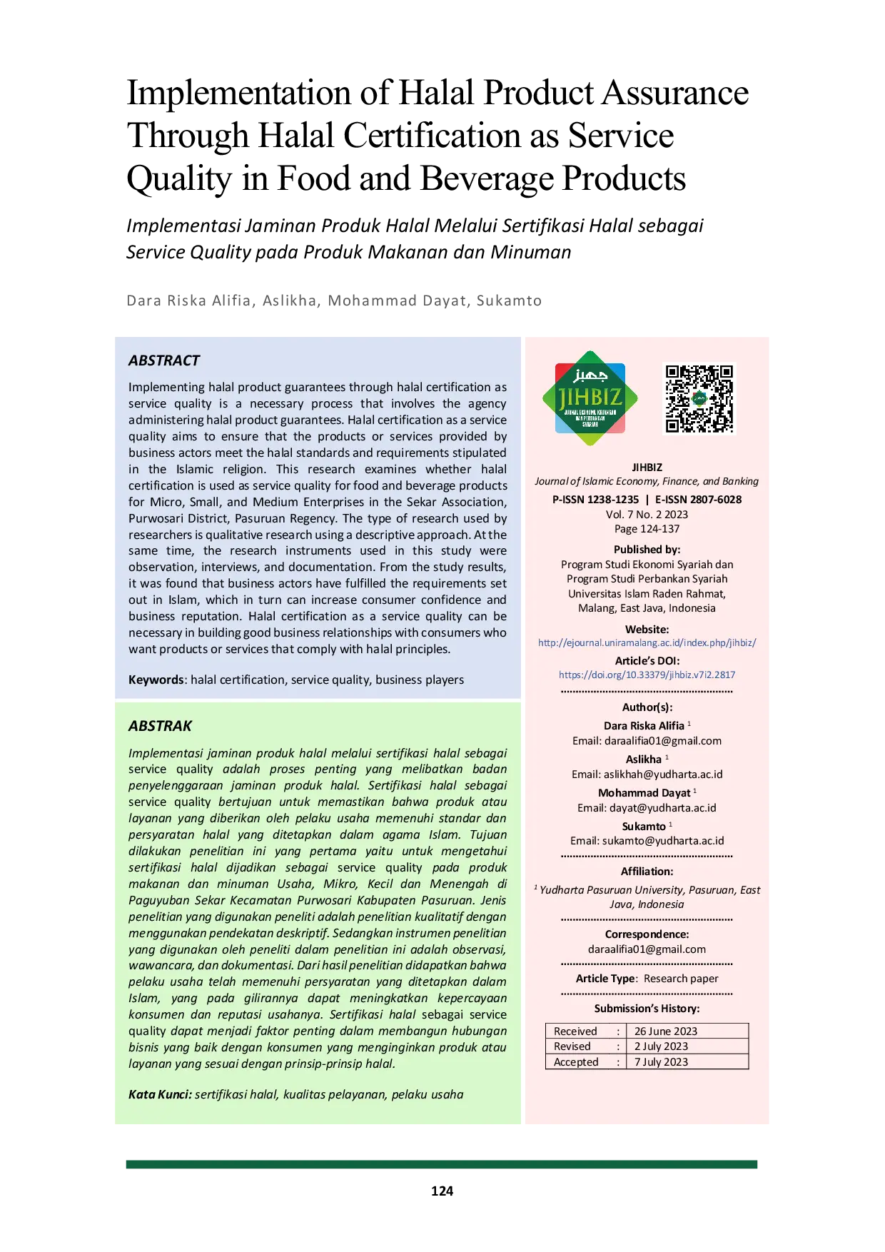 JURIS Implementasi Jaminan Produk Halal Melalui Sertifikasi Halal Sebagai Service Quality Pada Produk Makanan dan Minuman