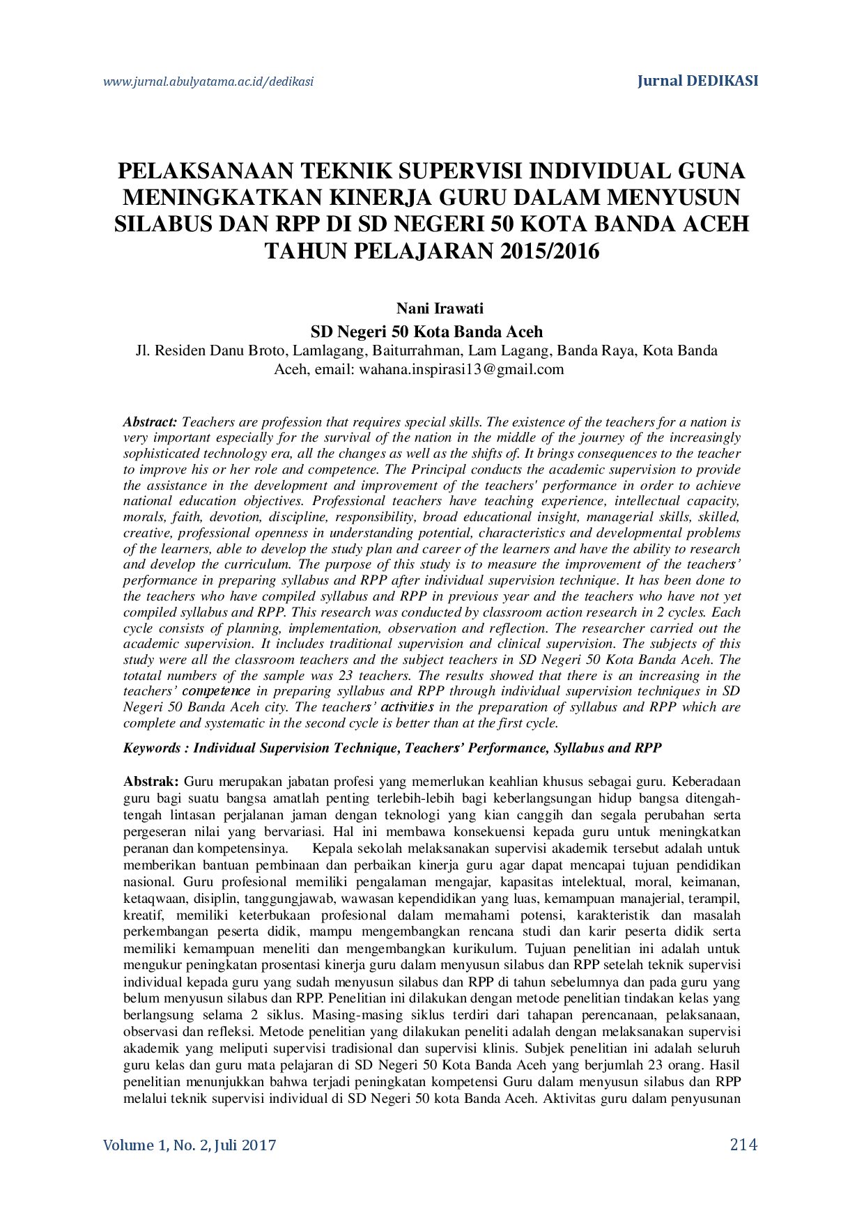juris Pelaksanaan Teknik Supervisi Individual Guna Meningkatkan Kinerja Guru Dalam Menyusun Silabus Dan RPP Di SD Negeri 50 Kota Banda Aceh Tahun Pelajaran 2015 2016