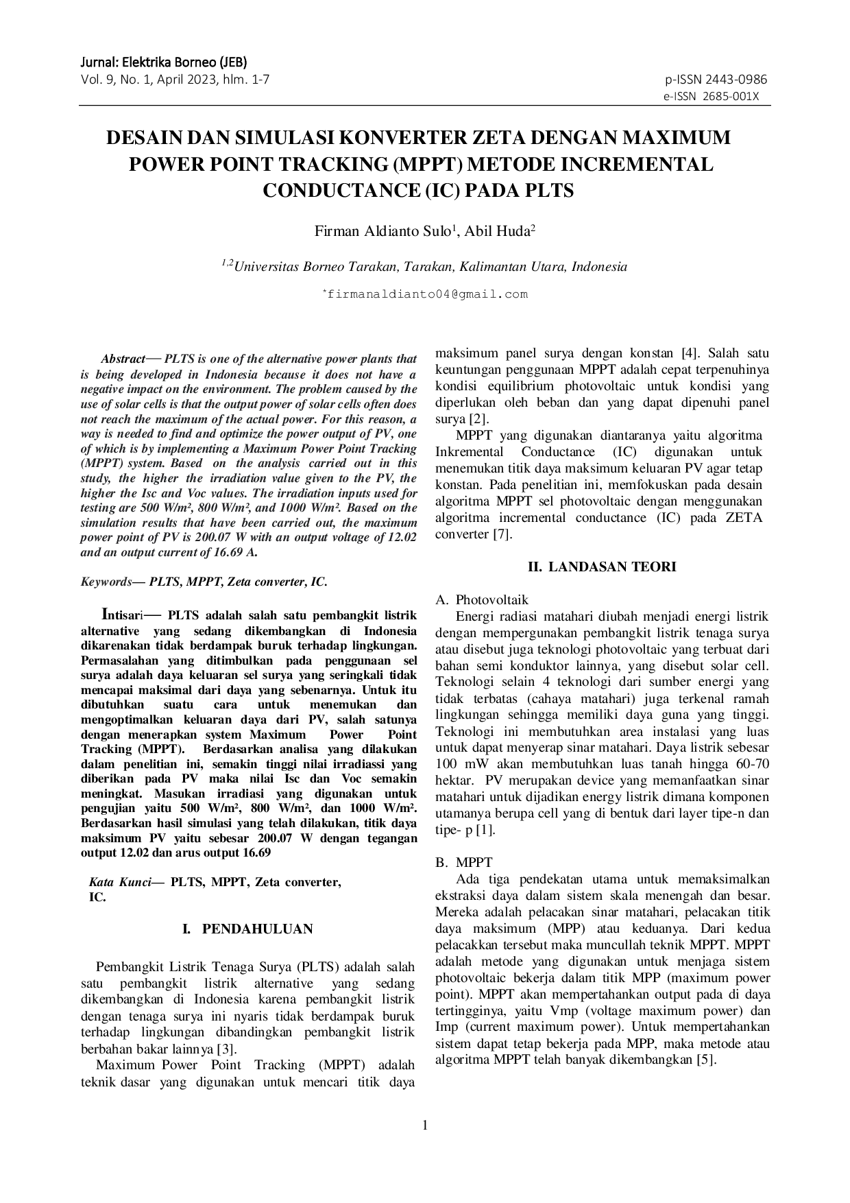 JURIS Desain Dan Simulasi Konverter Zeta Dengan Maximum Power Point Tracking Mppt Metode Incremental Conductance Ic Pada Plts