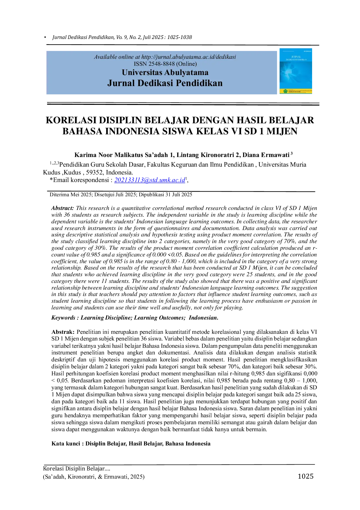 JURIS Korelasi Disiplin Belajar Dengan Hasil Belajar Bahasa Indonesia Siswa Kelas VI SD 1 Mijen