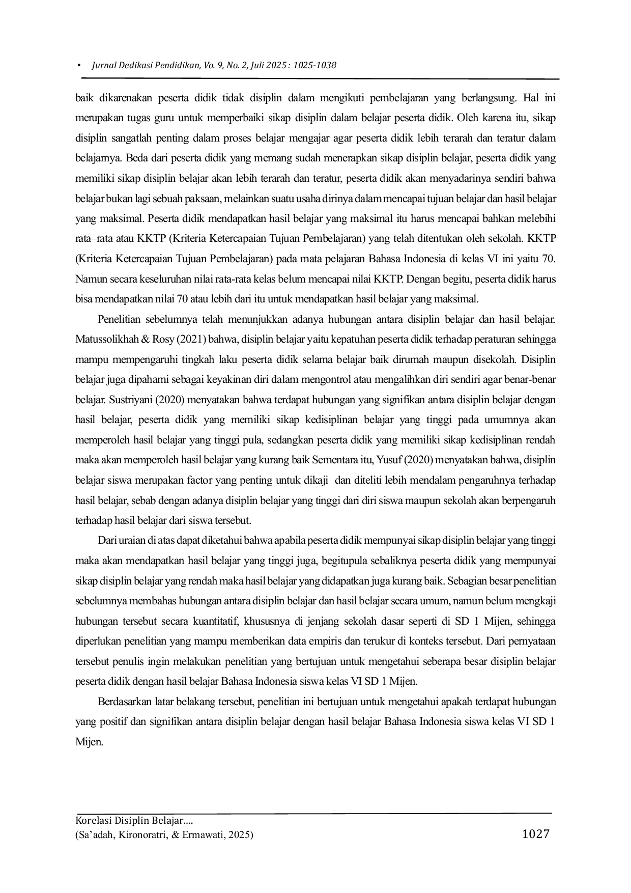 JURIS Korelasi Disiplin Belajar Dengan Hasil Belajar Bahasa Indonesia Siswa Kelas VI SD 1 Mijen