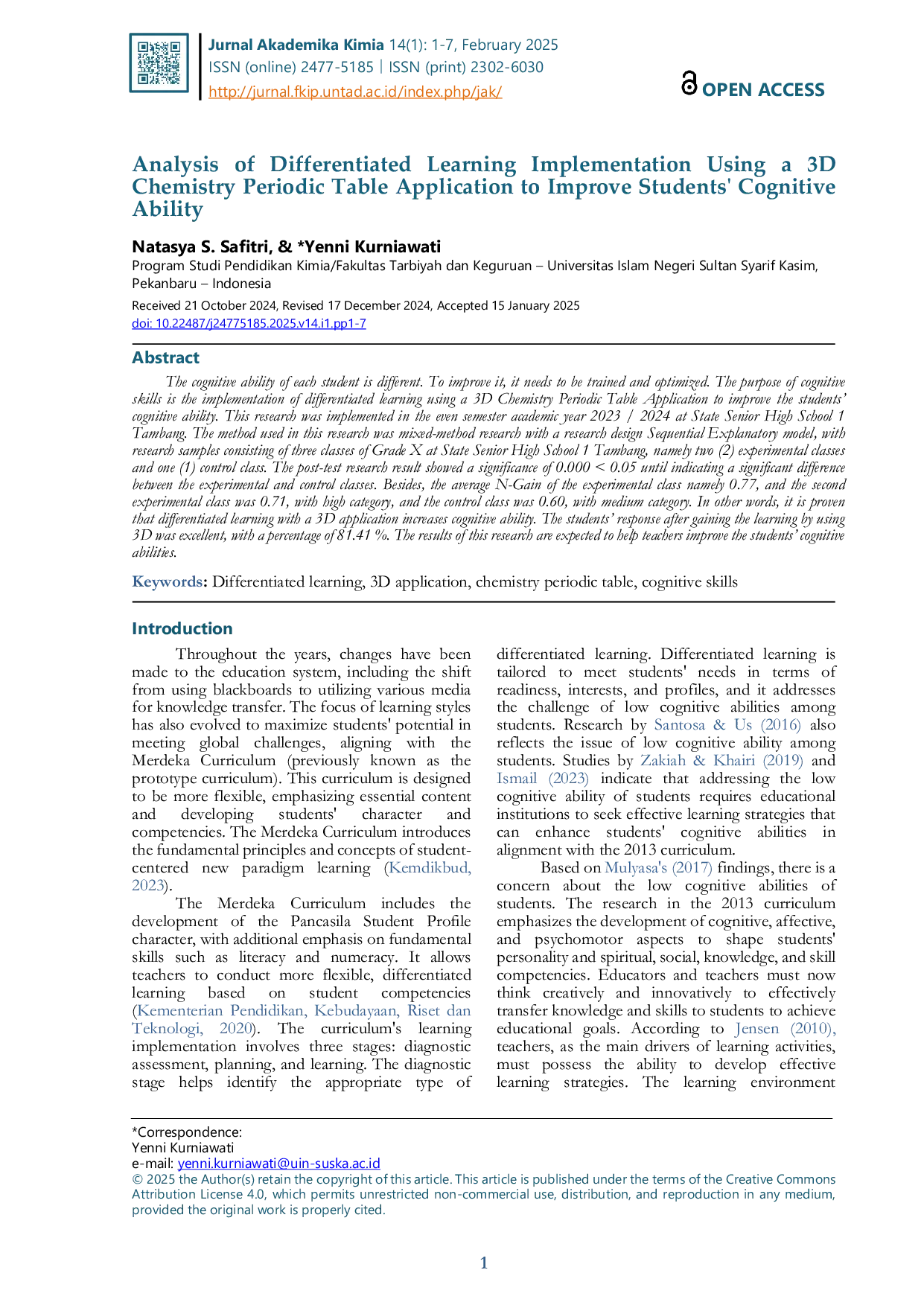 JURIS Analisis Implementasi Pembelajaran Diferensiasi Menggunakan Aplikasi Tabel Periodik Kimia 3D untuk Meningkatkan Kemampuan Kognitif Siswa