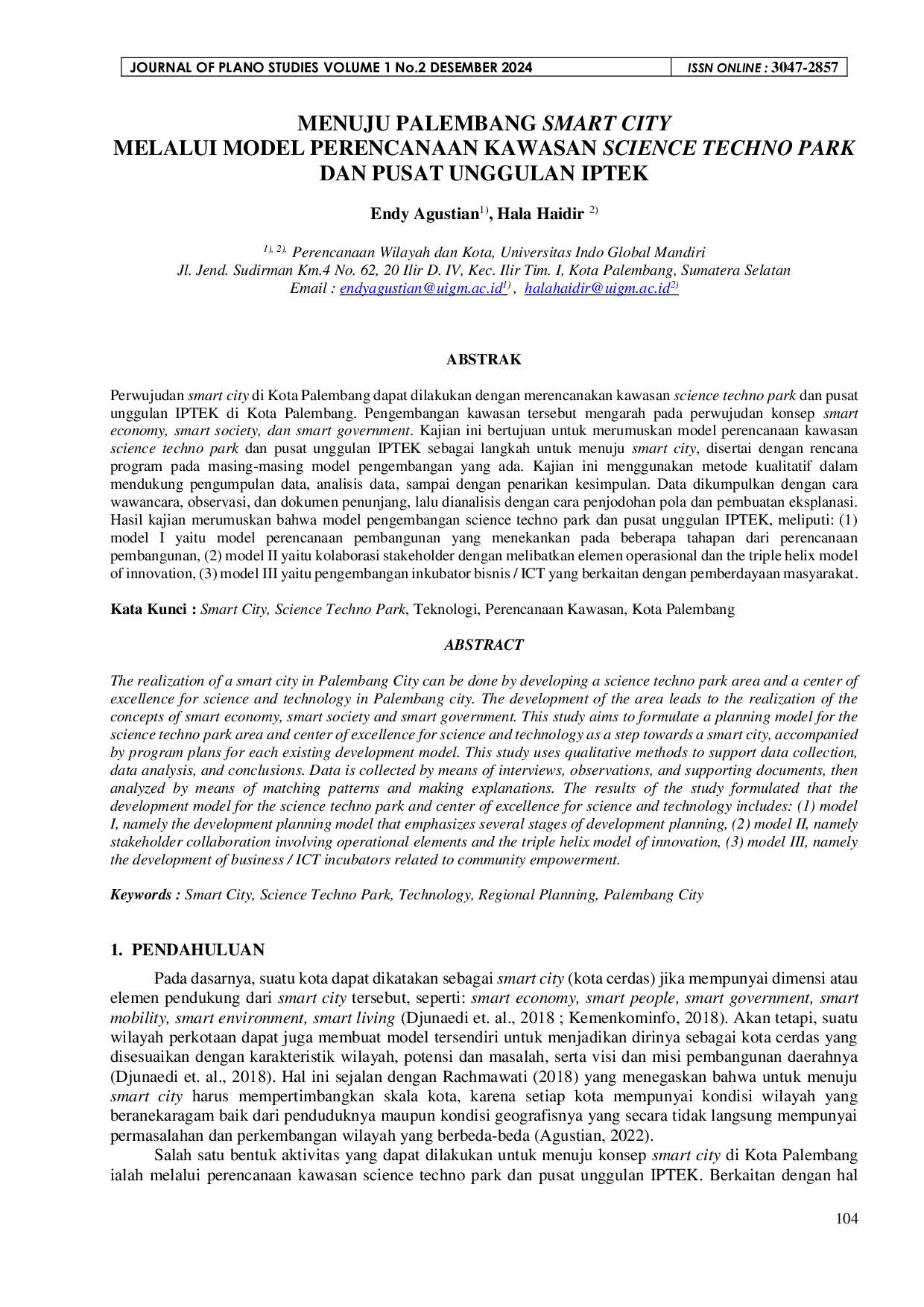 JURIS Menuju Palembang Smart City Melalui Model Perencanaan Kawasan Science Techno Park Dan Pusat Unggulan IPTEK