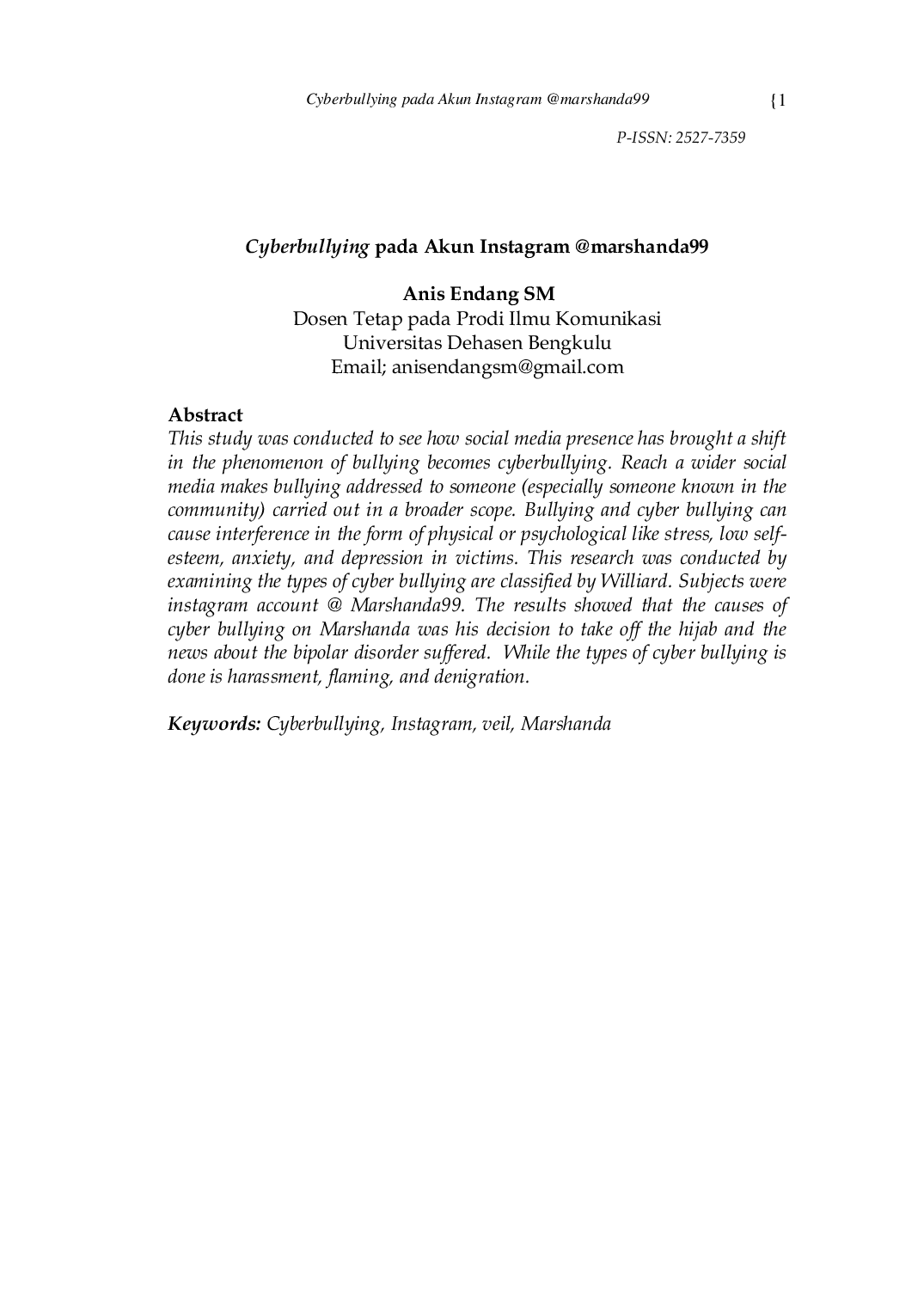 JURIS Cyberbullying pada Akun Instagram marshanda99