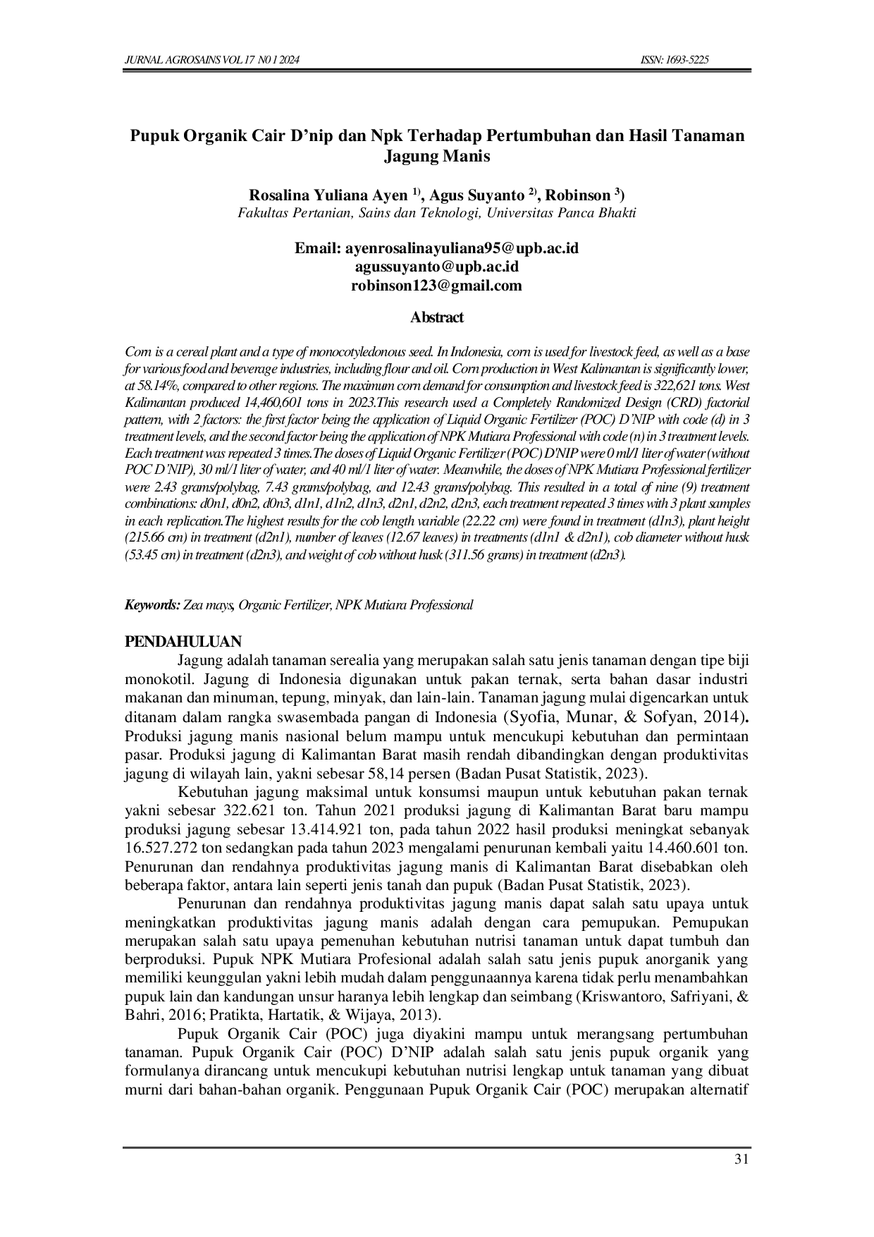 JURIS Pupuk Organik Cair D nip dan Npk Terhadap Pertumbuhan dan Hasil Tanaman Jagung Manis