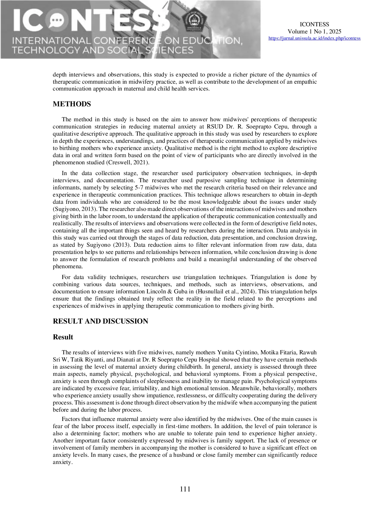 JURIS Midwives Perception of Therapeutic Communication Strategies in Reducing Maternal Anxiety at RSUD Dr R Soeprapto Cepu