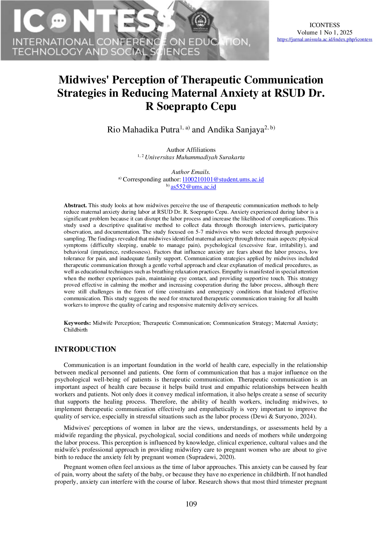 JURIS Midwives Perception of Therapeutic Communication Strategies in Reducing Maternal Anxiety at RSUD Dr R Soeprapto Cepu