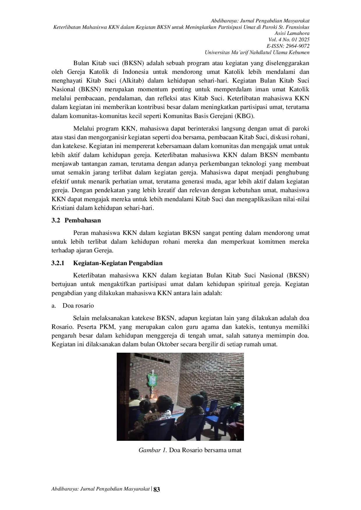 JURIS Keterlibatan Mahasiswa KKN dalam Kegiatan BKSN untuk Meningkatkan Partisipasi Umat di Paroki St Fransiskus Asisi Lamahora