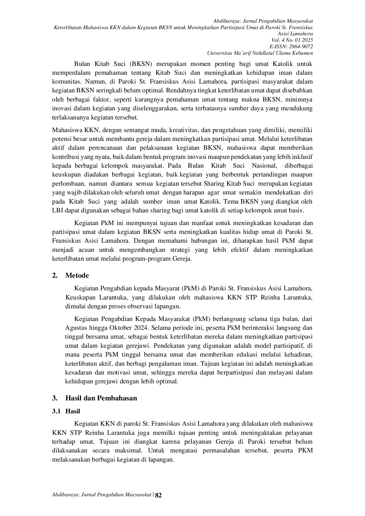 JURIS Keterlibatan Mahasiswa KKN dalam Kegiatan BKSN untuk Meningkatkan Partisipasi Umat di Paroki St Fransiskus Asisi Lamahora