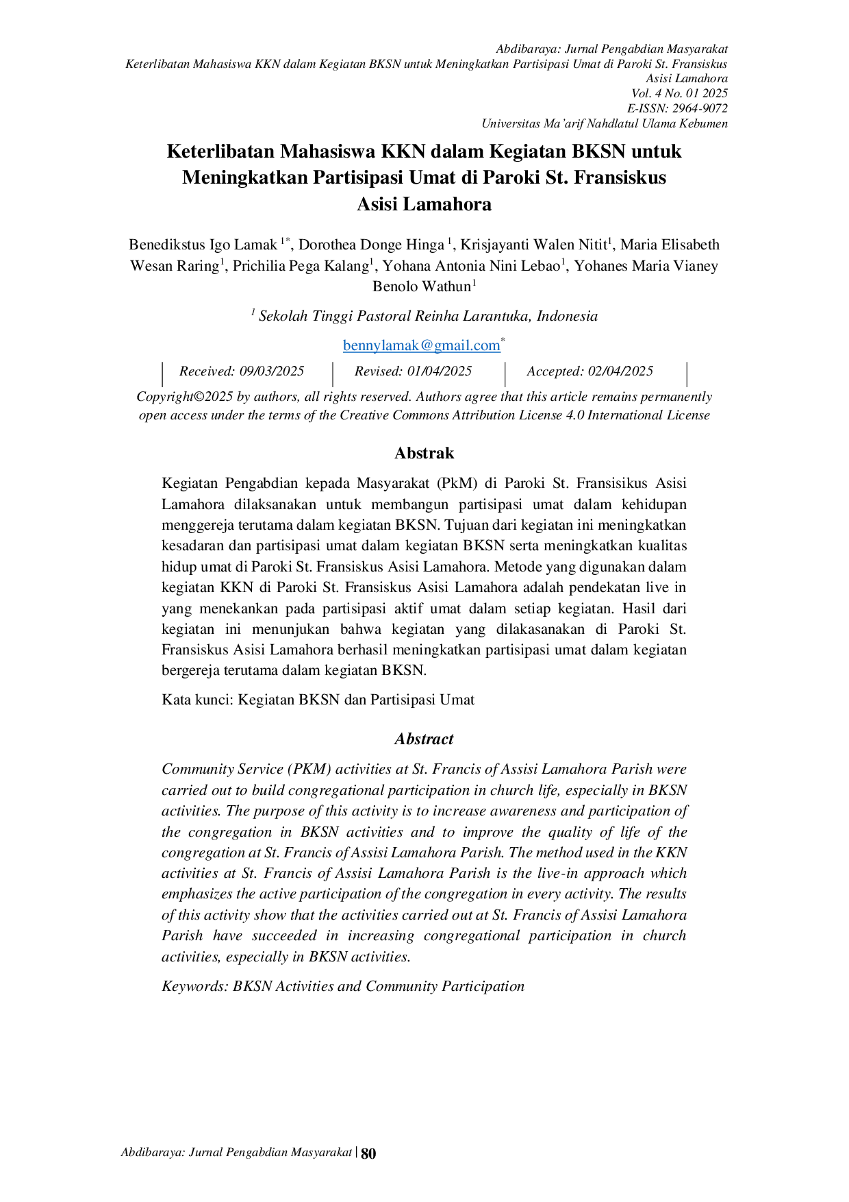 JURIS Keterlibatan Mahasiswa KKN dalam Kegiatan BKSN untuk Meningkatkan Partisipasi Umat di Paroki St Fransiskus Asisi Lamahora