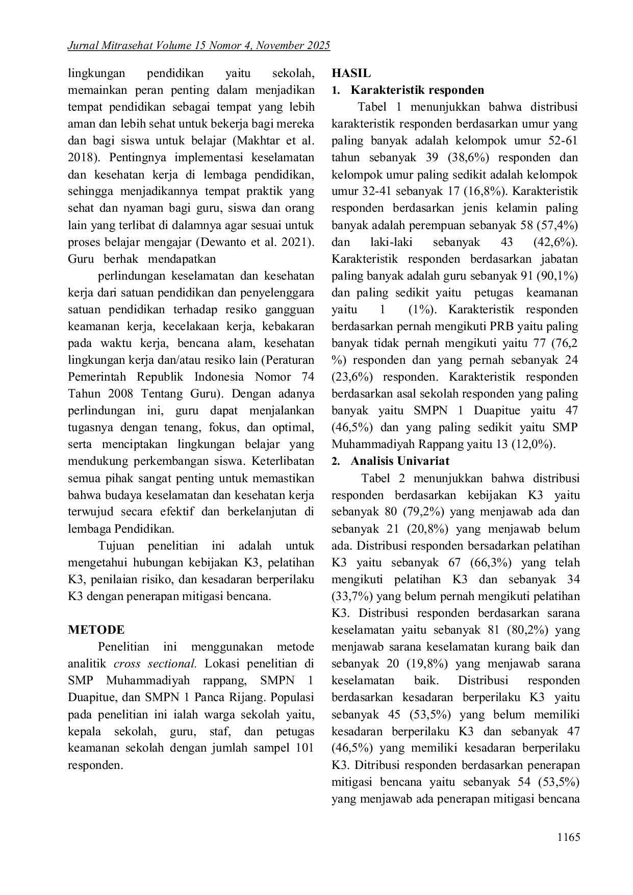 JURIS Hubungan Budaya Keselamatan Sekolah dan Program SPAB Terhadap Penerapan Mitigasi Bencana