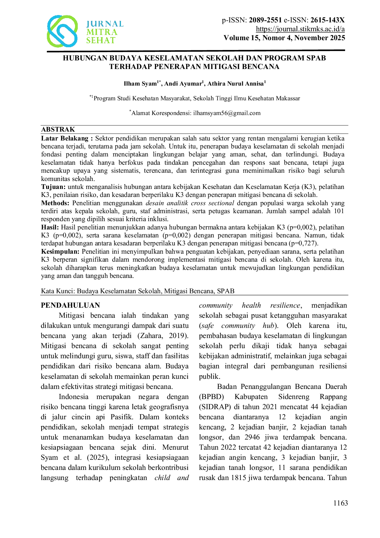 JURIS Hubungan Budaya Keselamatan Sekolah dan Program SPAB Terhadap Penerapan Mitigasi Bencana